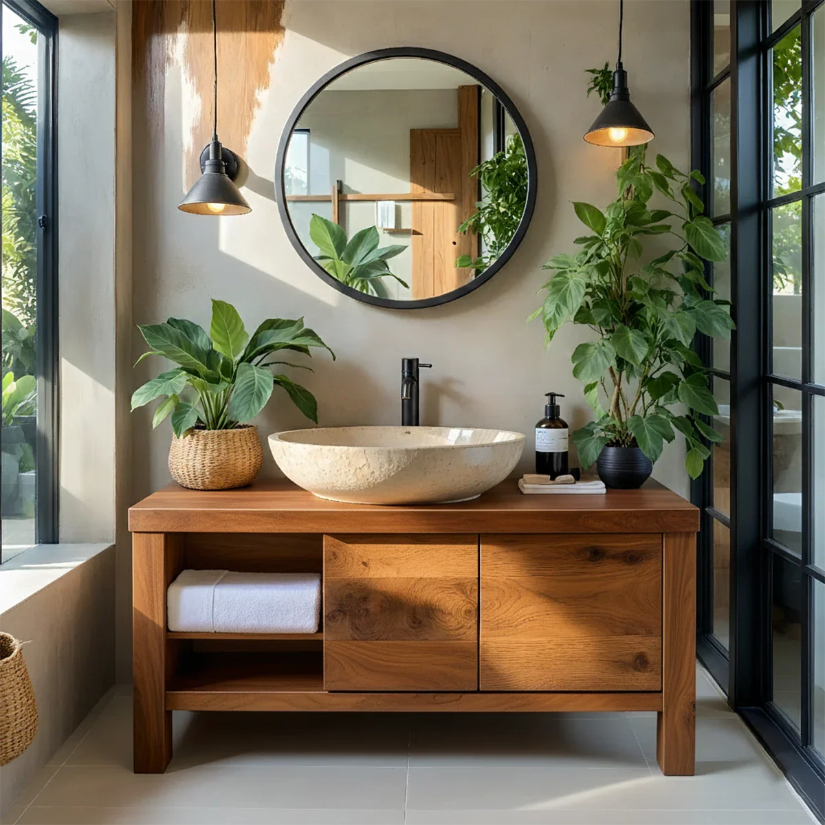 Natural Solid Wood Vanity with Open Shelf & Smooth Grain Doors - Rustira