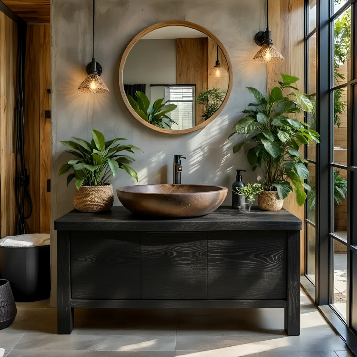 Natural Solid Wood Vanity with Smooth-Corner Frame & Center Cabinet - Rustira