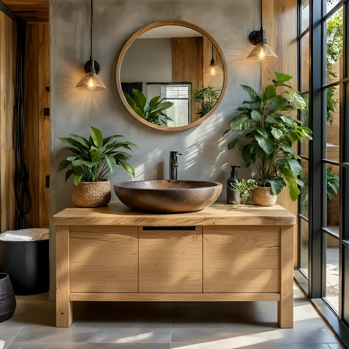 Natural Solid Wood Vanity with Smooth-Corner Frame & Center Cabinet - Rustira