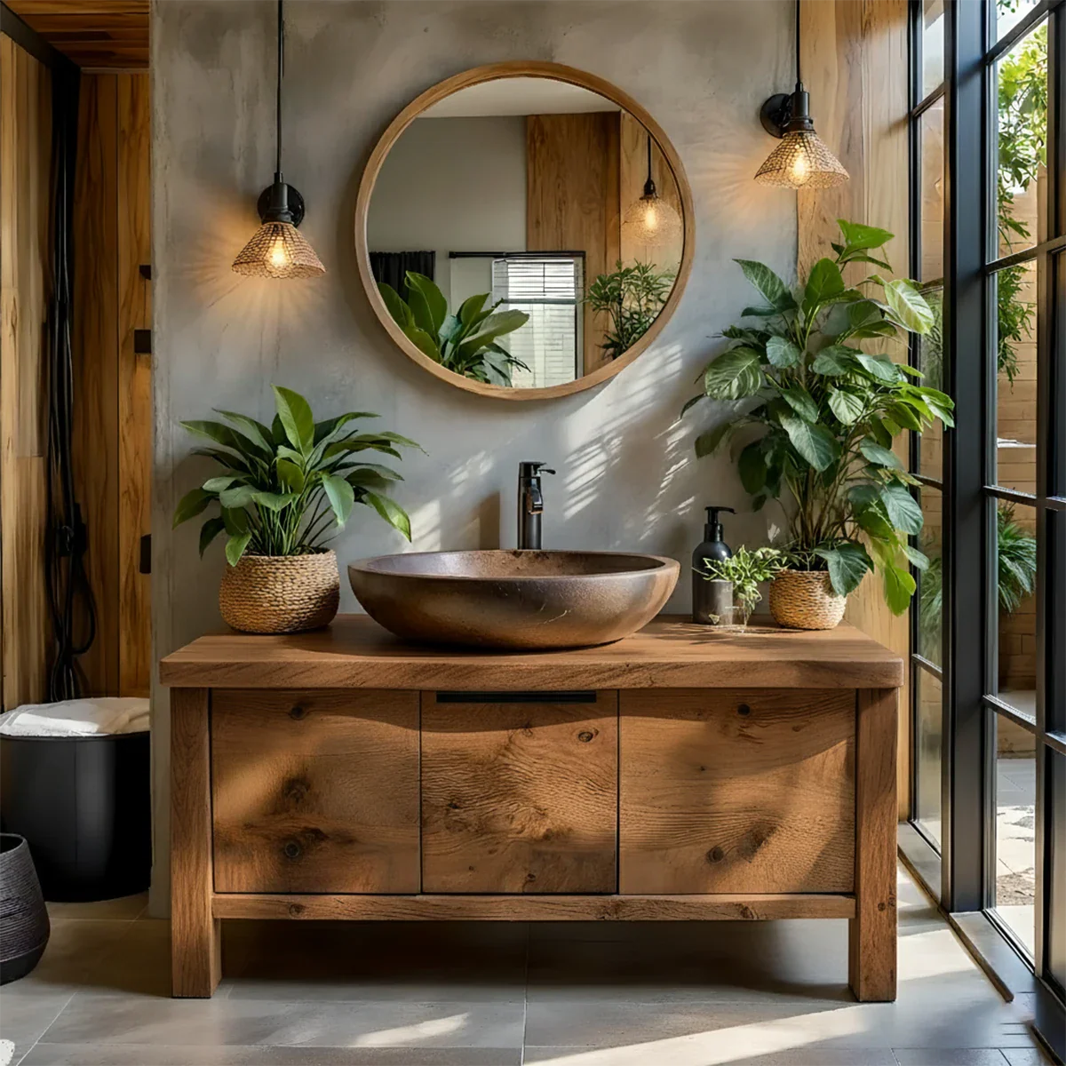 Natural Solid Wood Vanity with Smooth-Corner Frame & Center Cabinet - Rustira