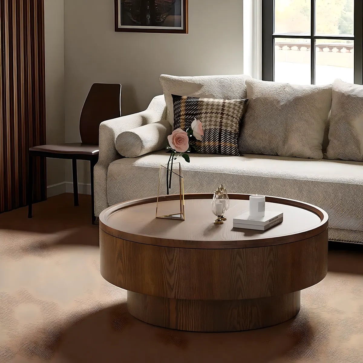 Natural Wood Round Coffee Table – Hidden Storage Shelf, Modern Design