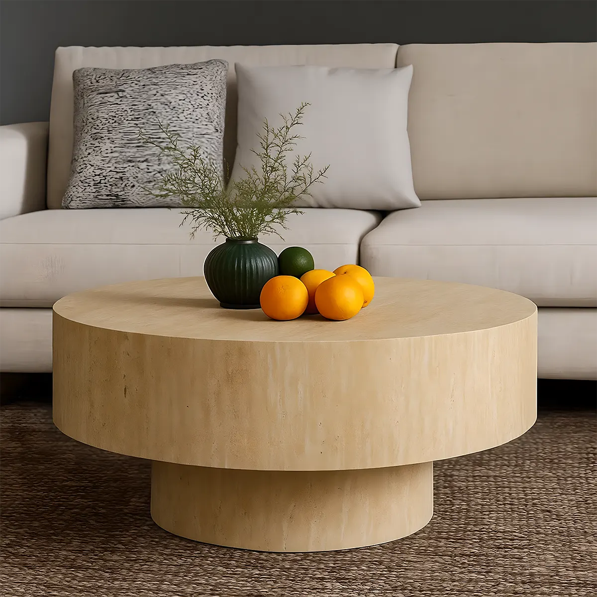 Natural Wood Round Coffee Table – Hidden Storage Shelf, Modern Design