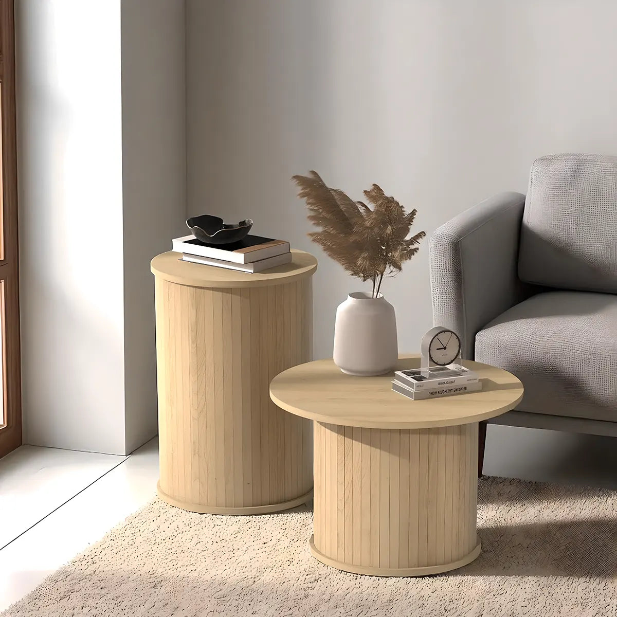 Natural Wood Round Coffee Table Set – Large Size 55cm & Small Size 38cm – Modern Nesting Design