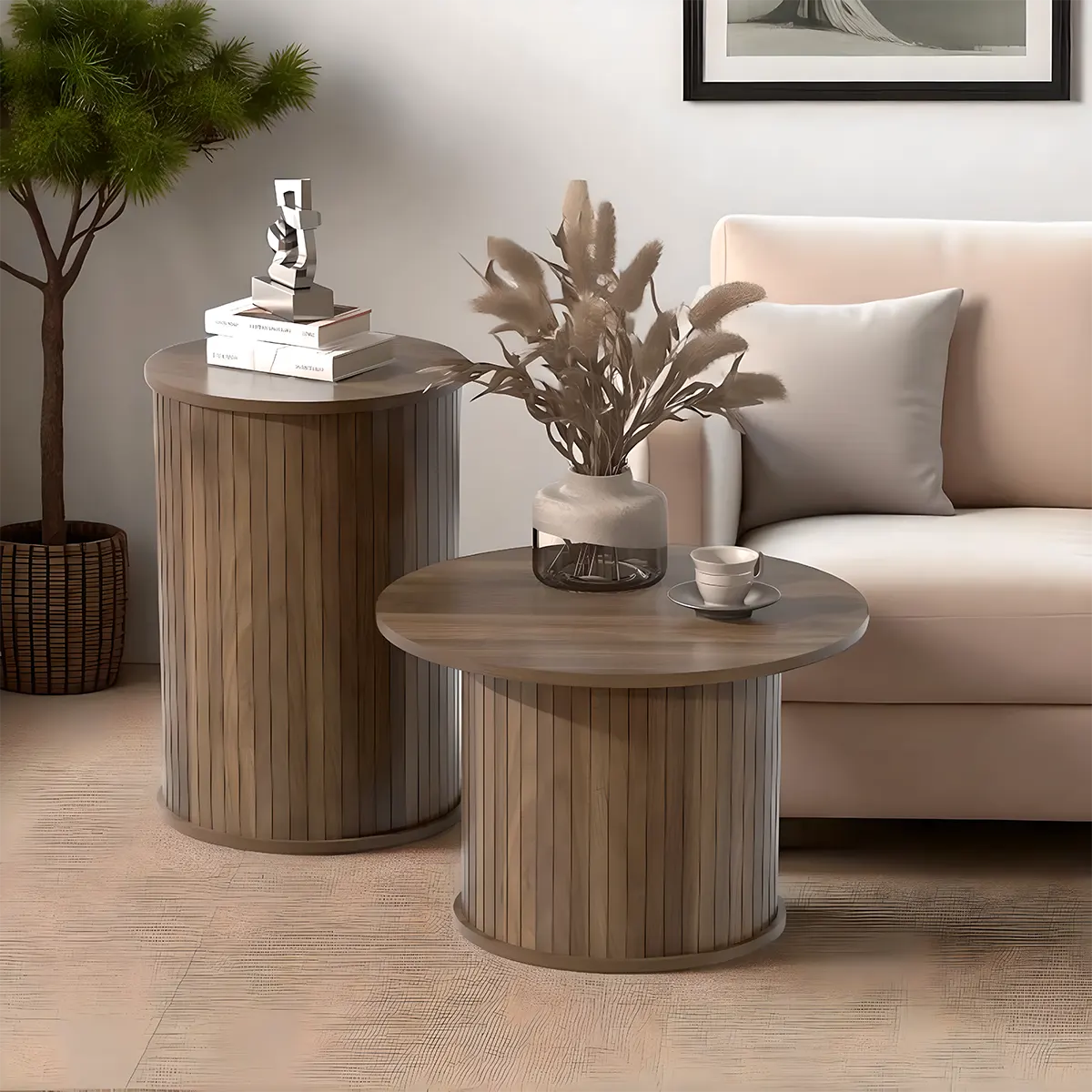 Natural Wood Round Coffee Table Set – Large Size 55cm & Small Size 38cm – Modern Nesting Design