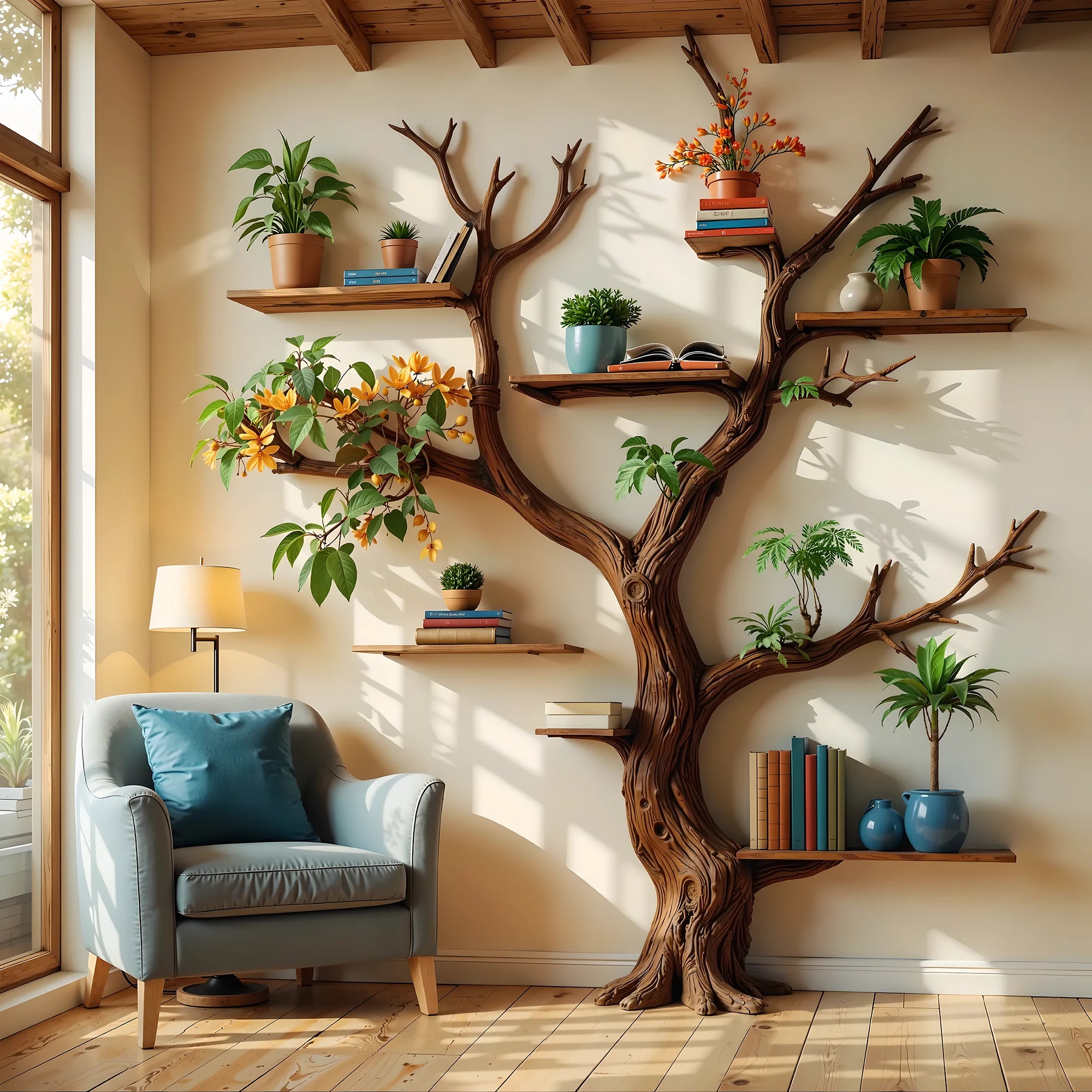 Natural Wood Tree Bookshelf – Handmade by Skilled Artisans .