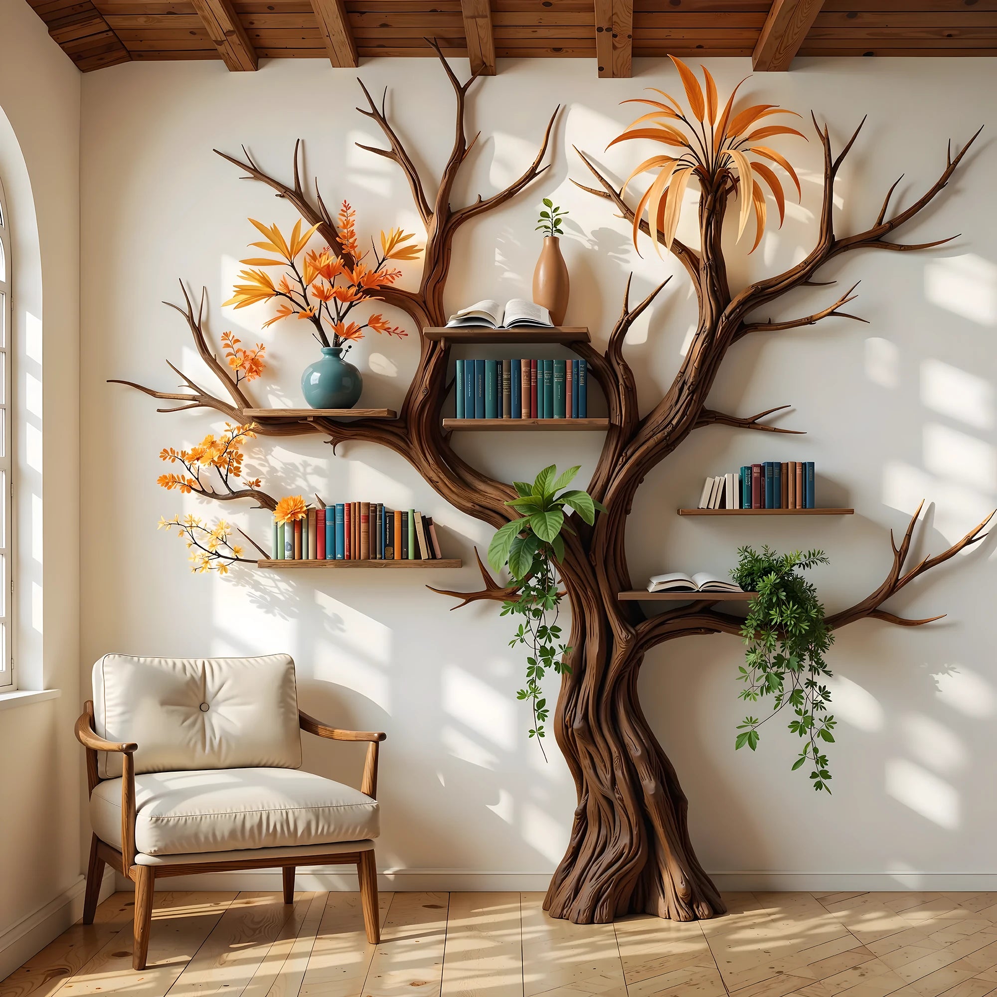 Natural Wood Tree Branch Bookshelf – Stylish, Unique & Space-Saving