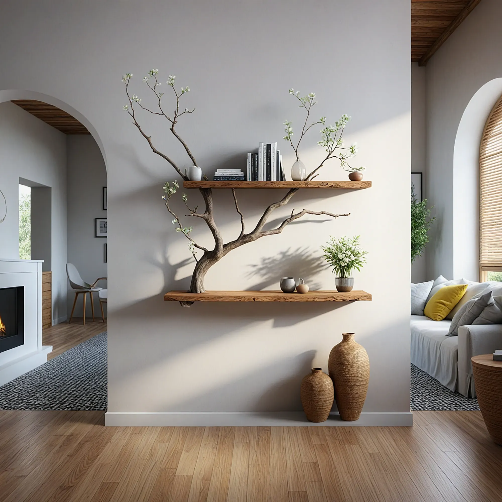 Natural wooden art branch bookshelf next to a unique floating corner bookshelf decorates the home.