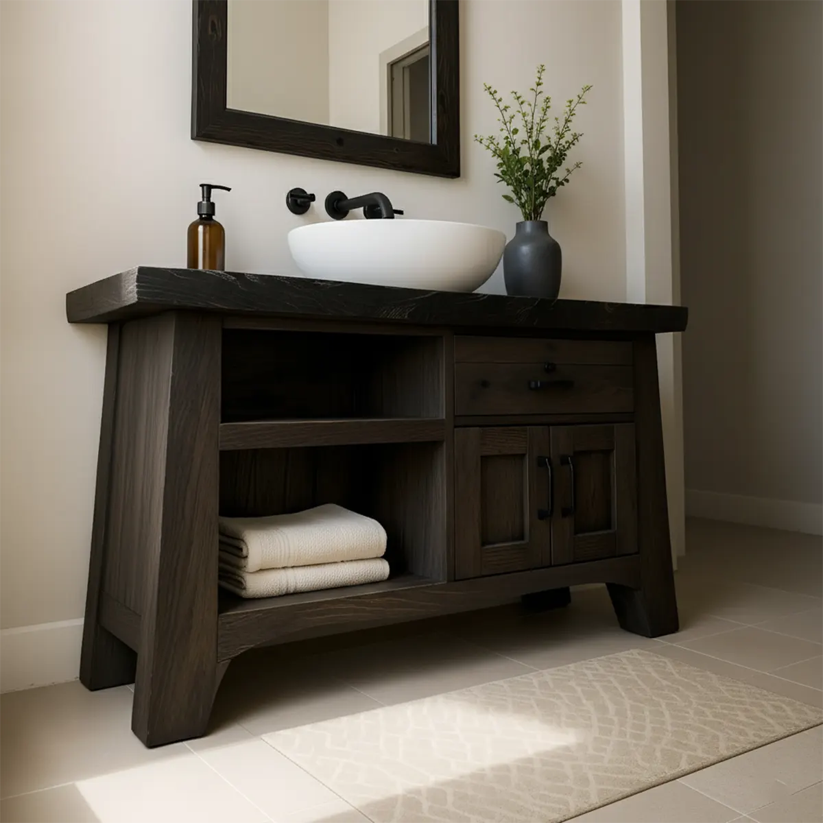 NoirOak Vanity – Rustic Solid Wood Bathroom Cabinet - Rustira