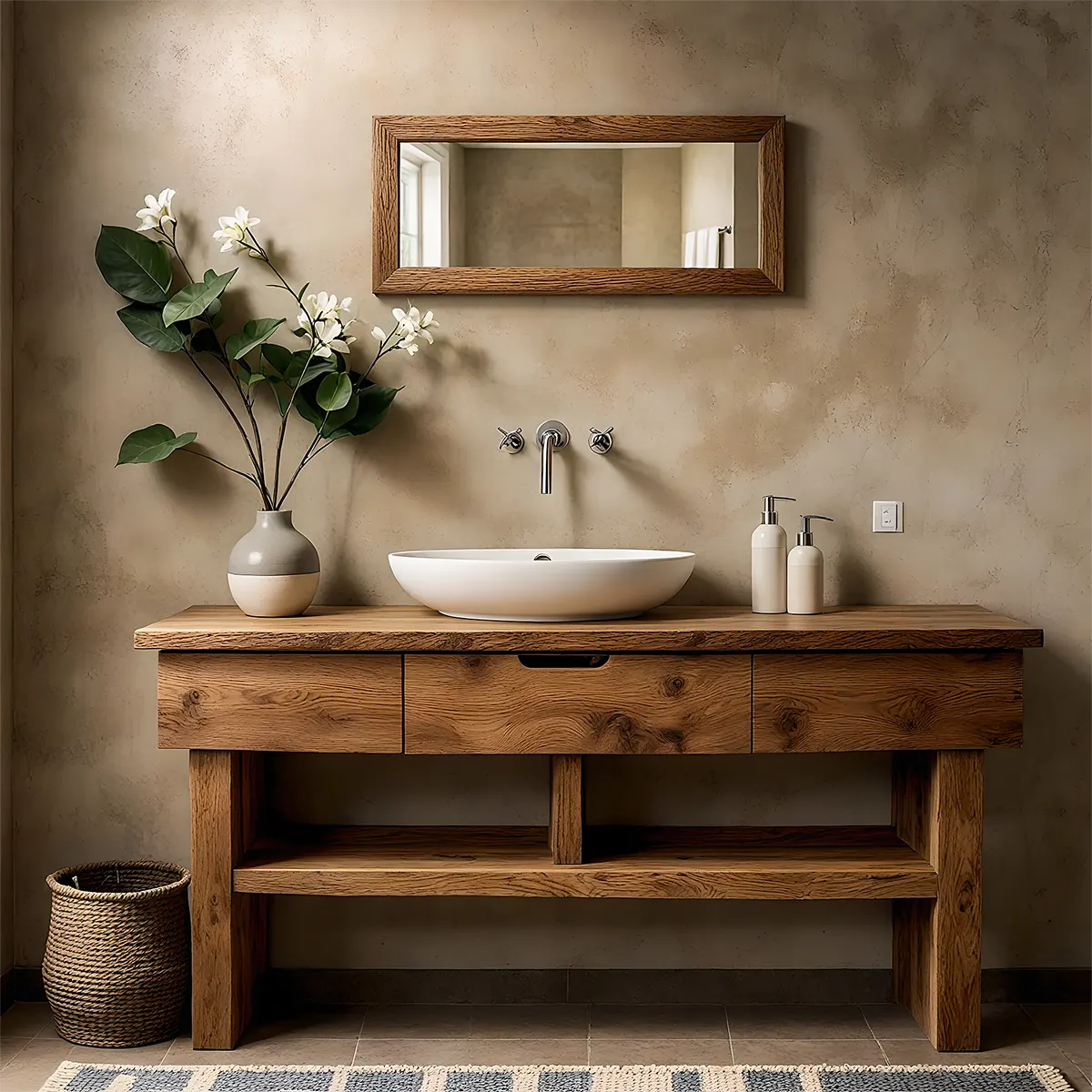 Oak Haven Bathroom Vanity – Solid Wood with Drawers - Rustira