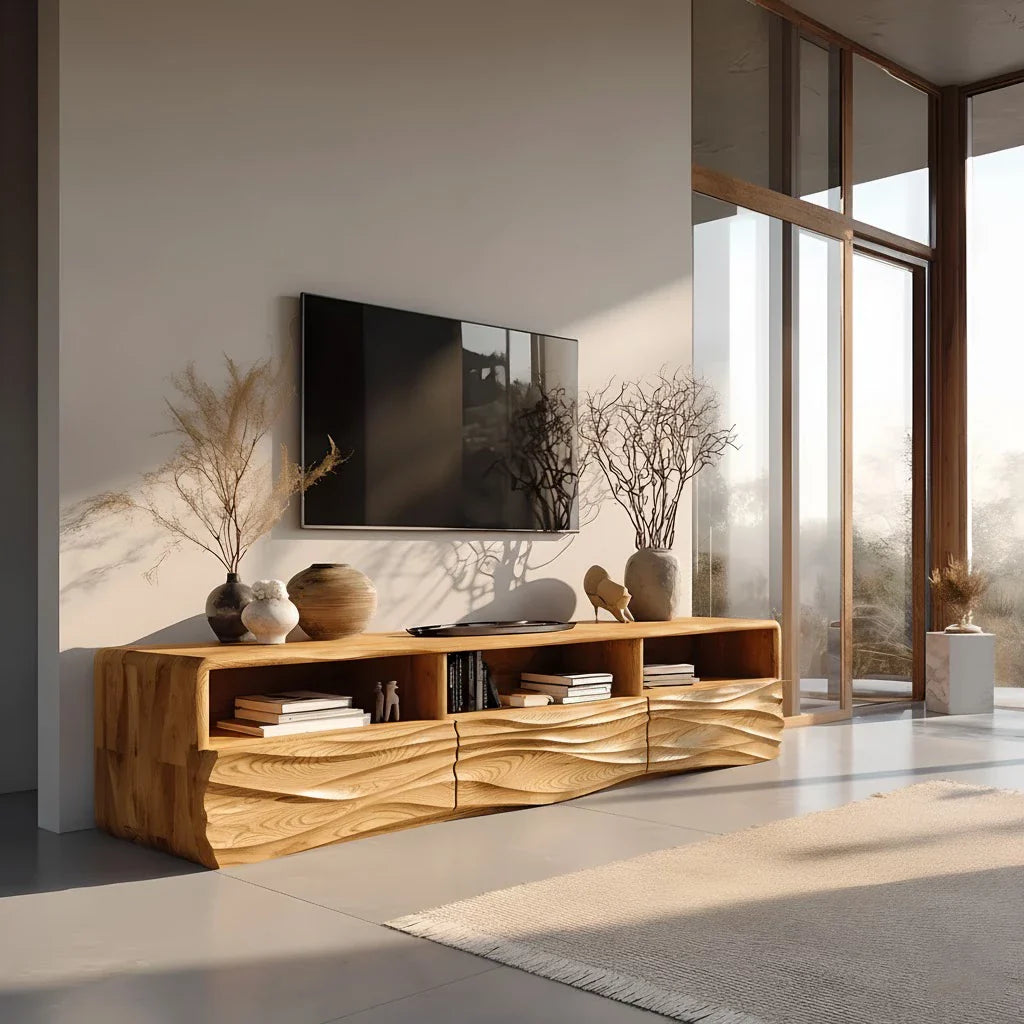 Oak Sculpted TV Stand with Open Shelves – Japandi Media Console - Rustira