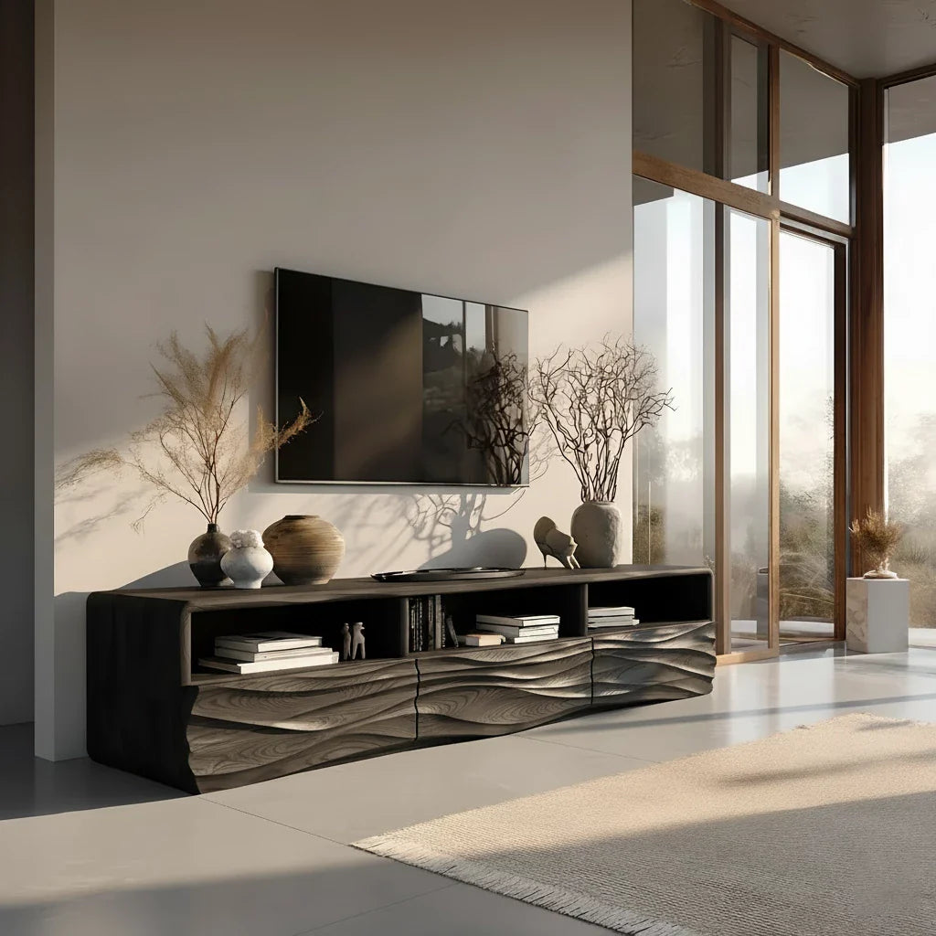 Oak Sculpted TV Stand with Open Shelves – Japandi Media Console - Rustira