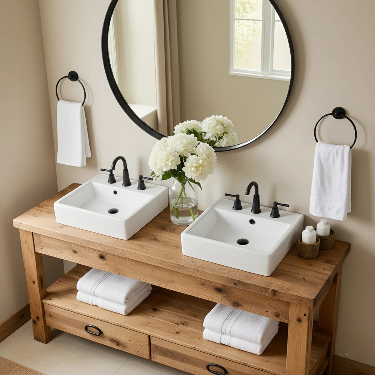 Open Frame Double Sink Solid Wood Vanity – Japandi Rustic Design - Rustira