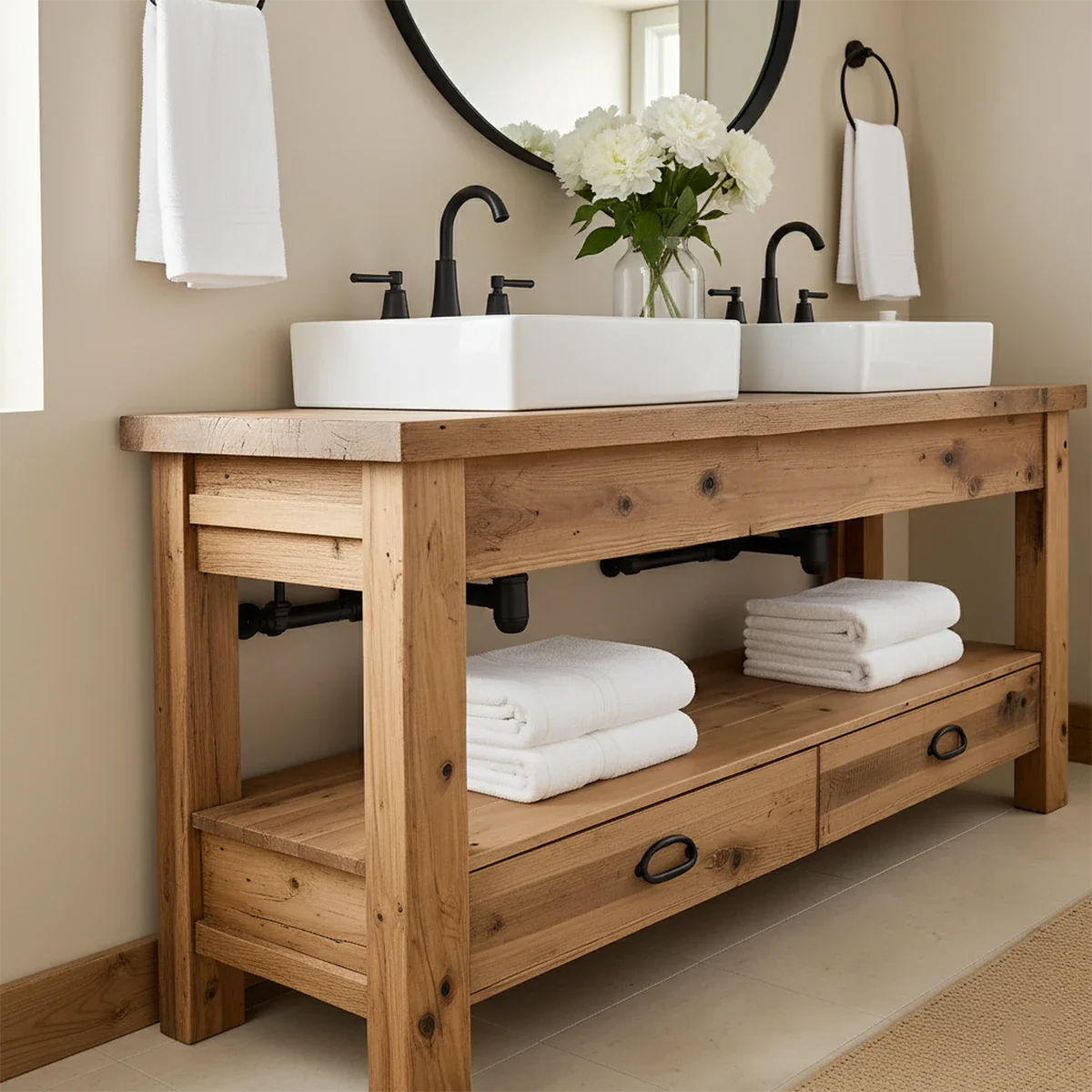 Open Frame Double Sink Solid Wood Vanity – Japandi Rustic Design - Rustira