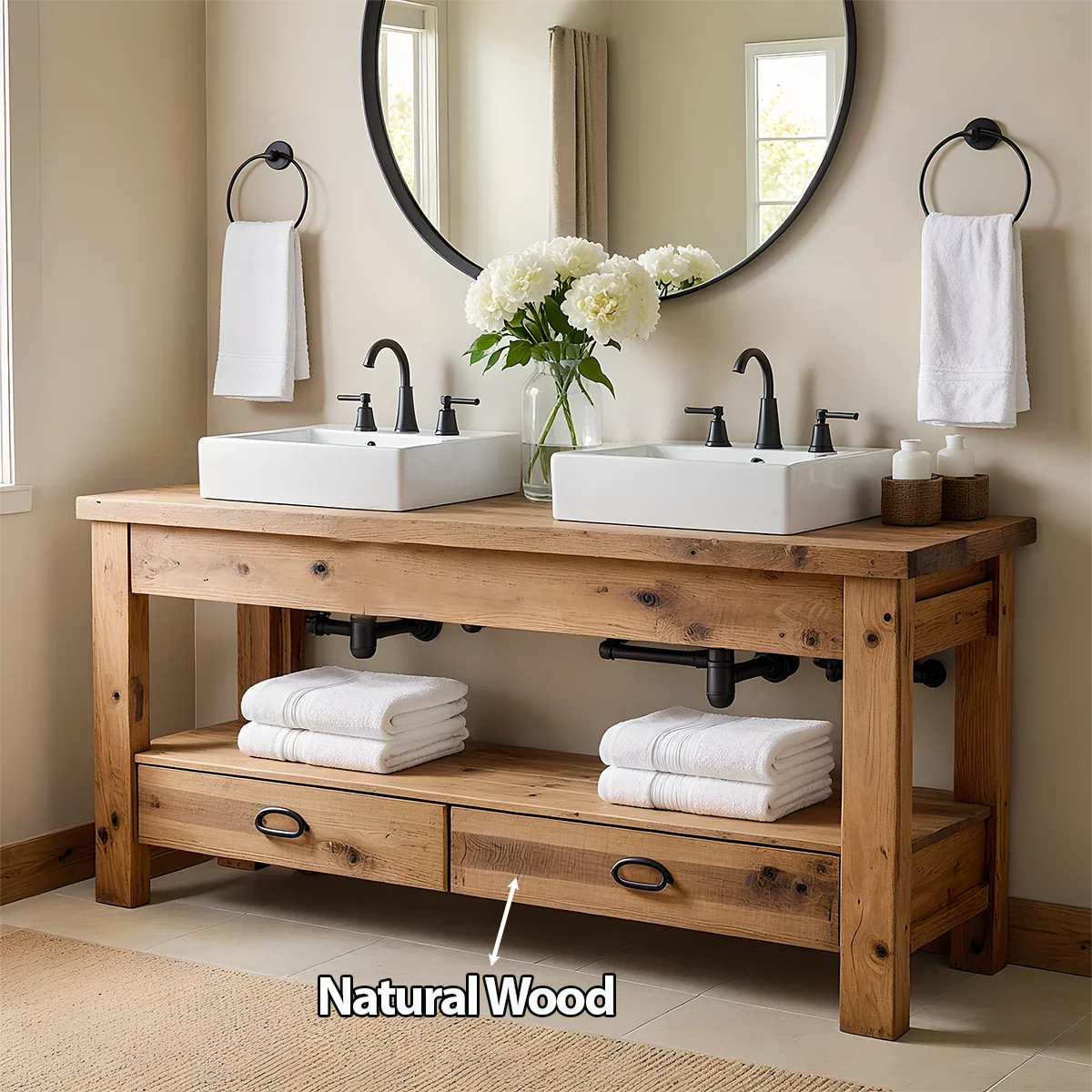 Open Frame Double Sink Solid Wood Vanity – Japandi Rustic Design - Rustira