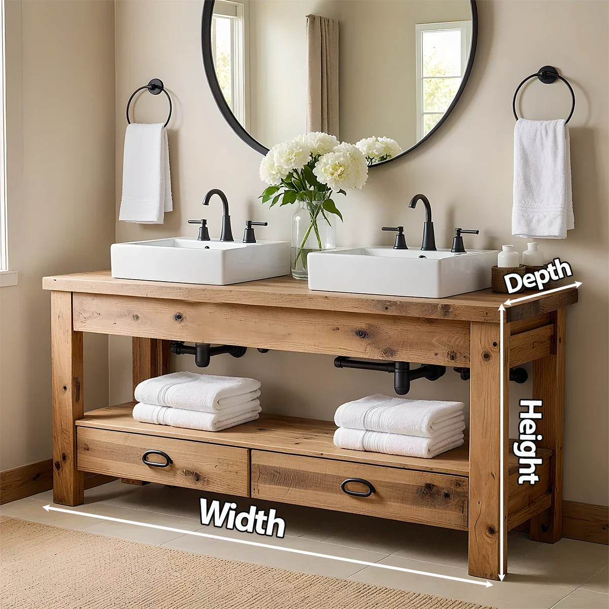 Open Frame Double Sink Solid Wood Vanity – Japandi Rustic Design - Rustira