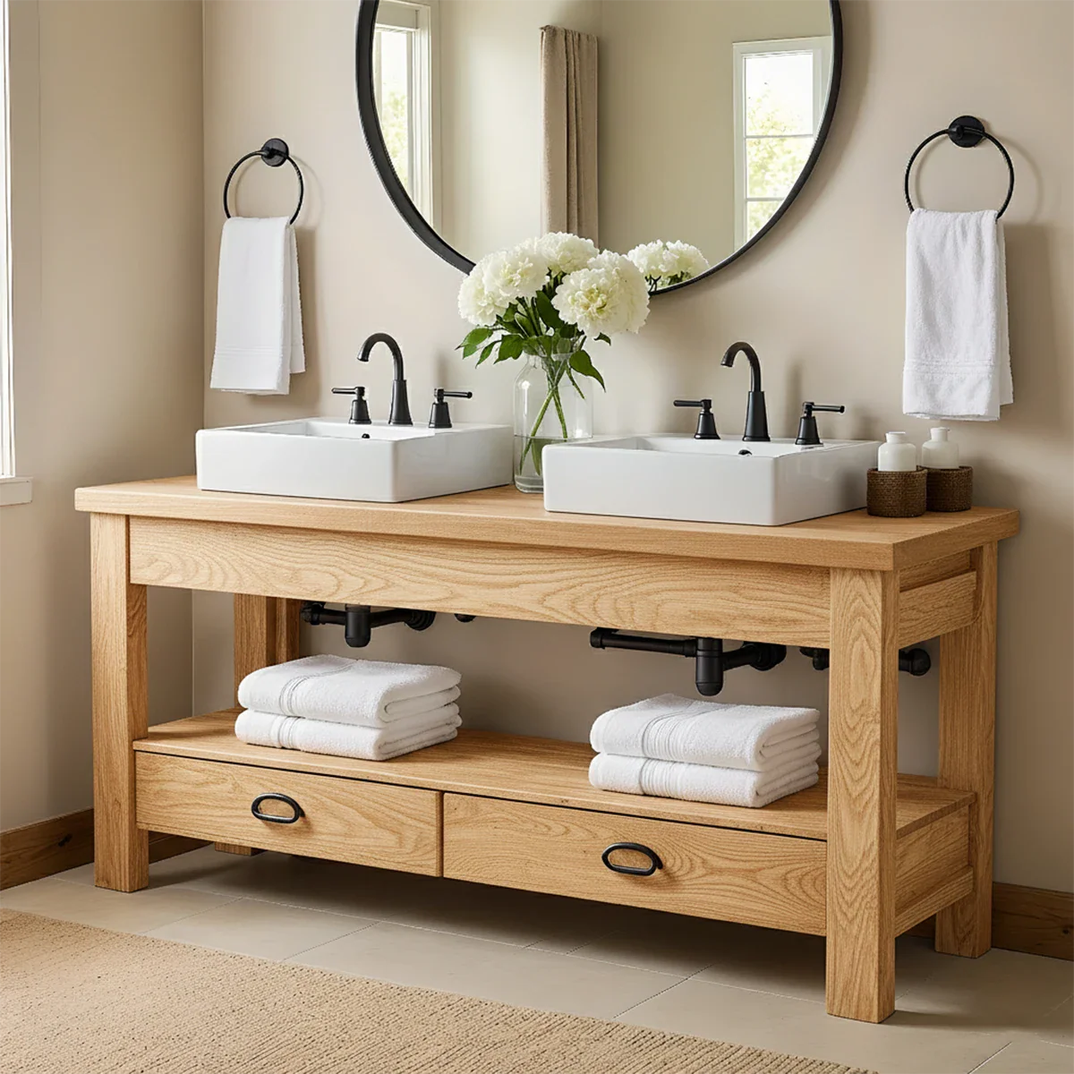 Open Frame Double Sink Solid Wood Vanity – Japandi Rustic Design - Rustira