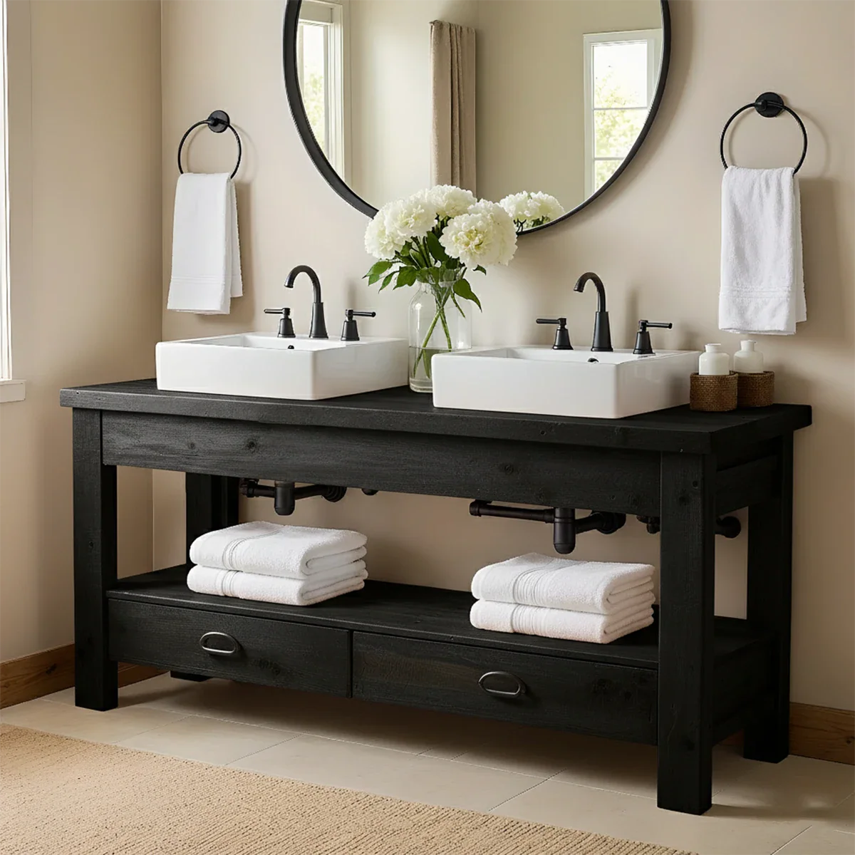 Open Frame Double Sink Solid Wood Vanity – Japandi Rustic Design - Rustira