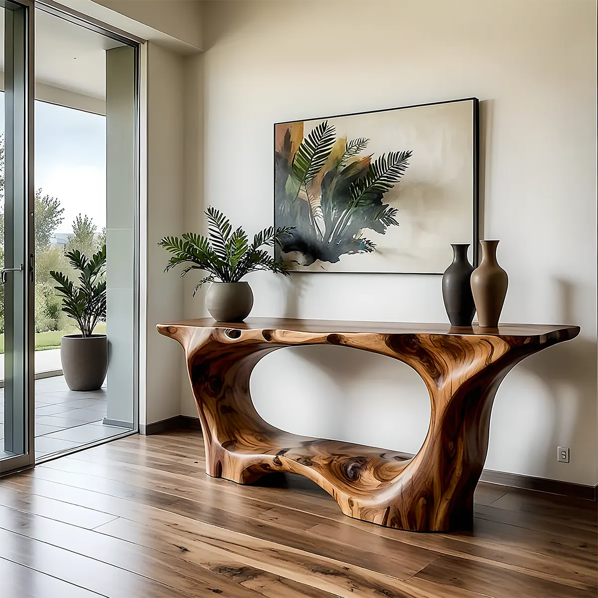 Open Frame Walnut Console Table – Natural Sculptural Form - Rustira