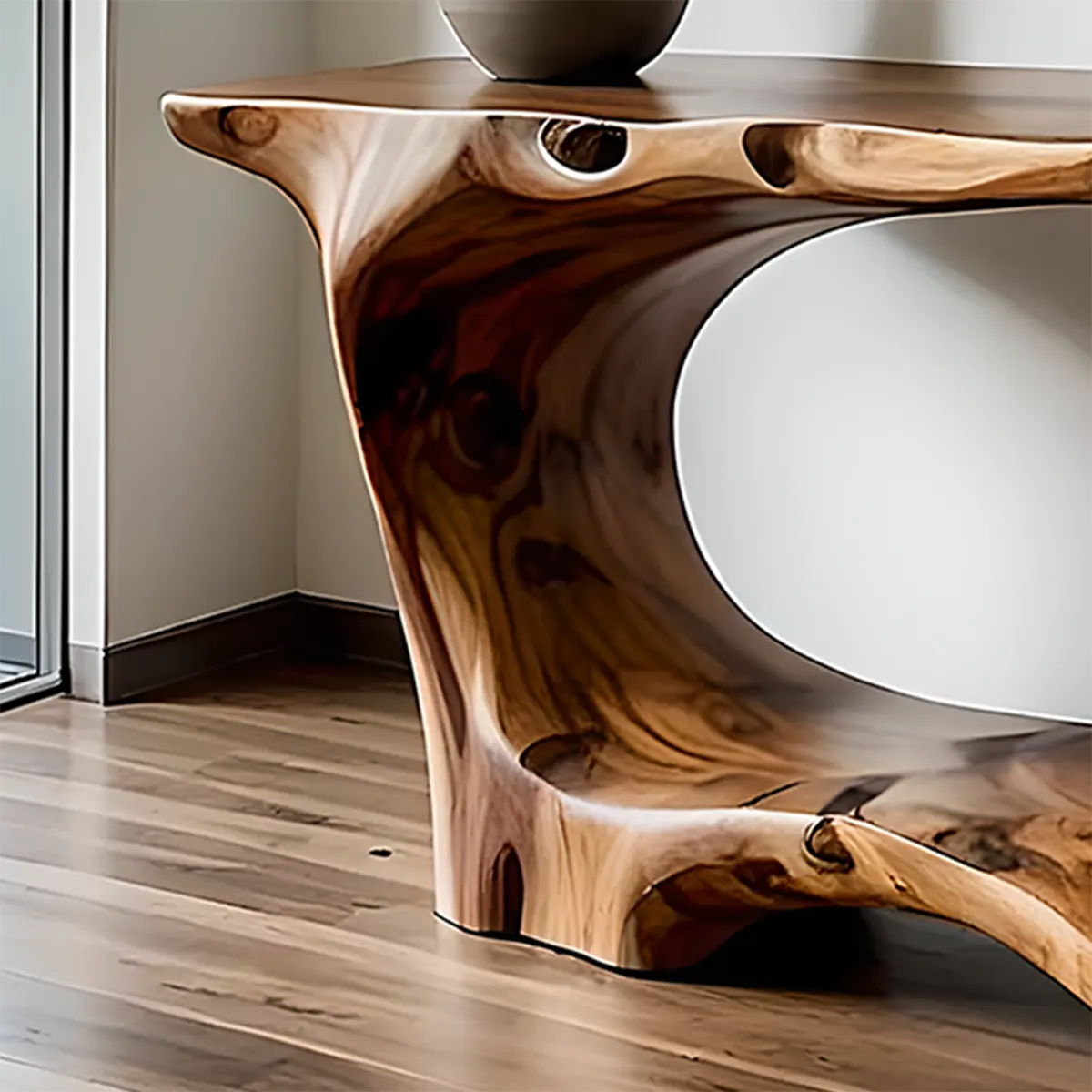 Open Frame Walnut Console Table – Natural Sculptural Form - Rustira