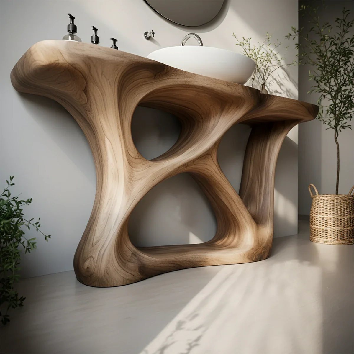 Organic Flow Solid Wood Vanity with Sculptural Form - Rustira
