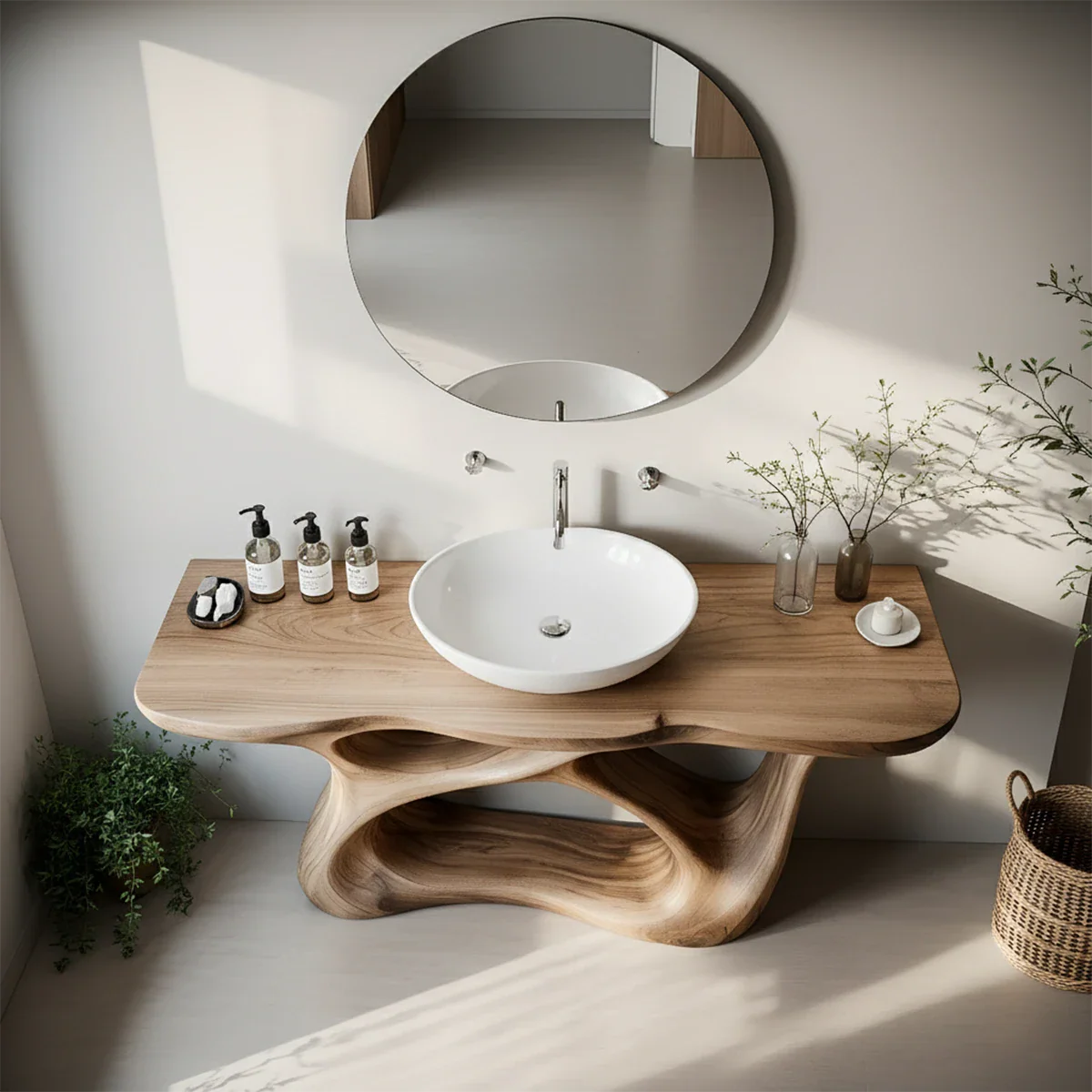 Organic Flow Solid Wood Vanity with Sculptural Form - Rustira