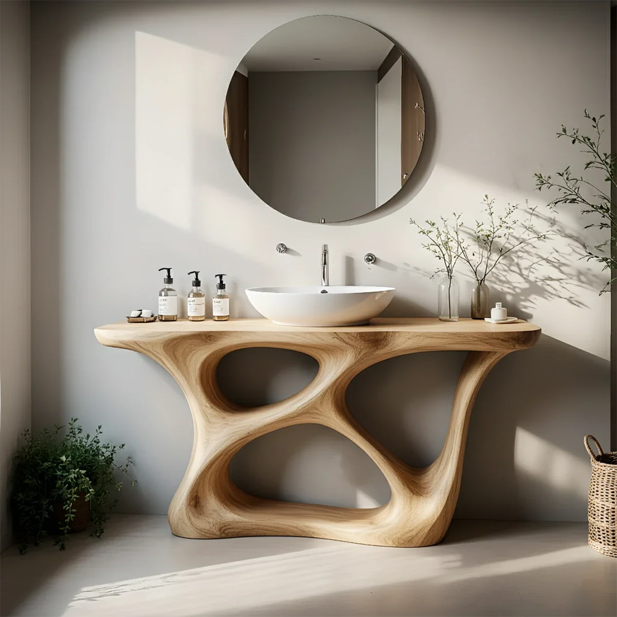 Organic Flow Solid Wood Vanity with Sculptural Form - Rustira