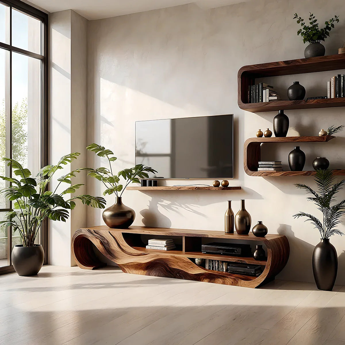 Organic Sculpted Solid Walnut TV Stand - Curved Modern Media Console - Rustira