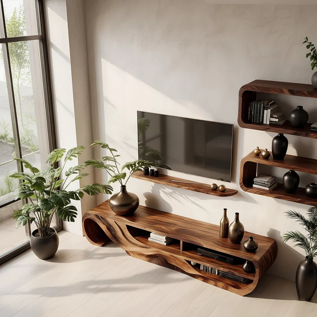 Organic Sculpted Solid Walnut TV Stand - Curved Modern Media Console - Rustira