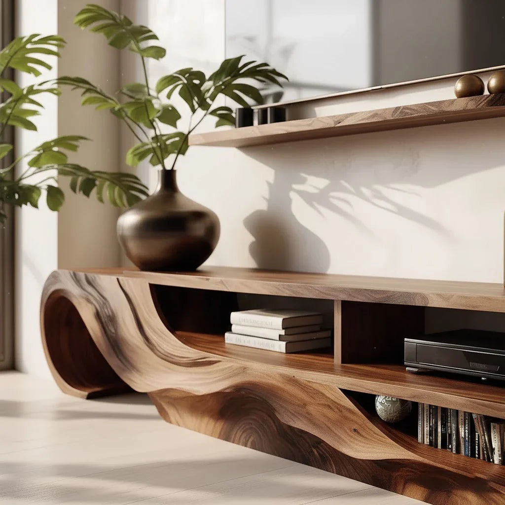 Organic Sculpted Solid Walnut TV Stand - Curved Modern Media Console - Rustira