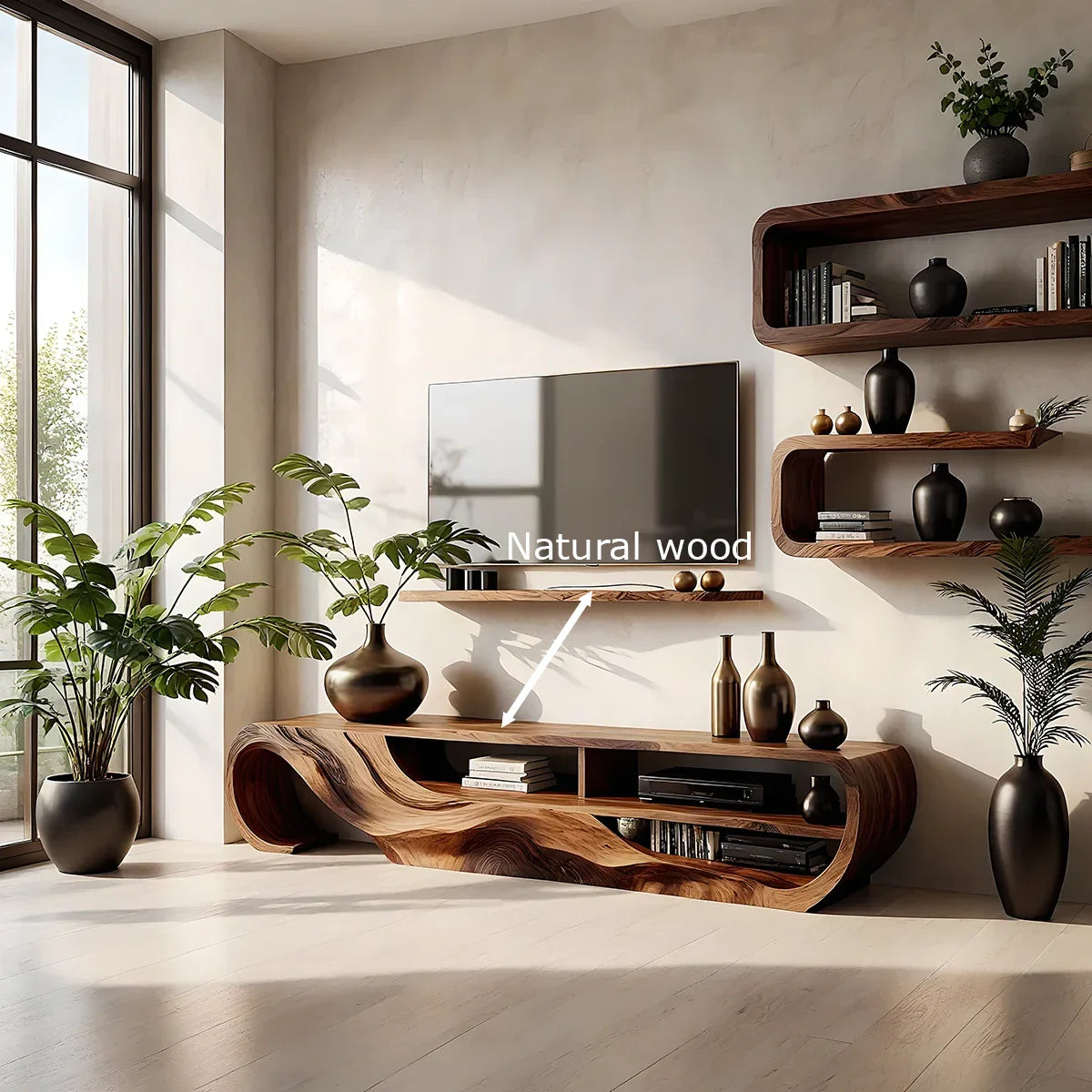 Organic Sculpted Solid Walnut TV Stand - Curved Modern Media Console - Rustira