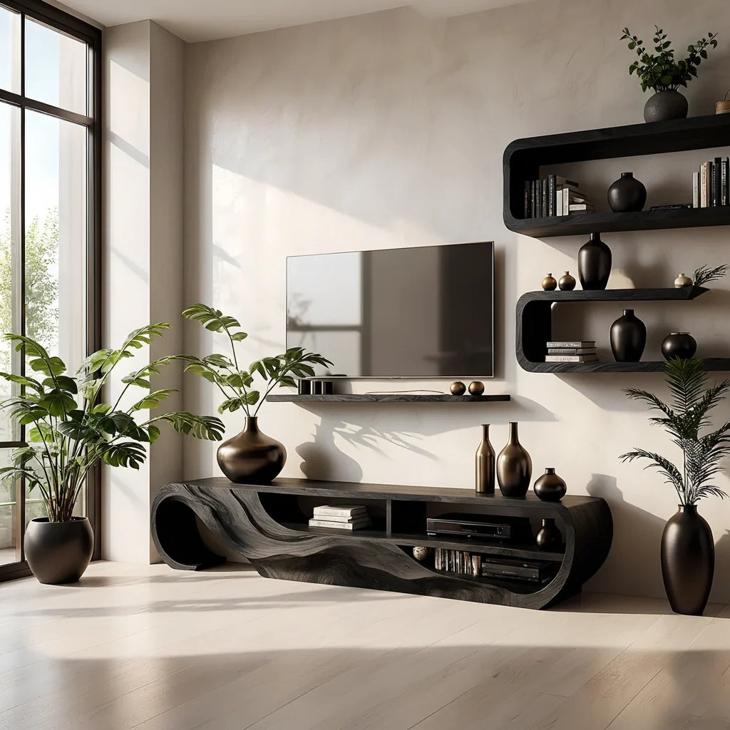 Organic Sculpted Solid Walnut TV Stand - Curved Modern Media Console - Rustira