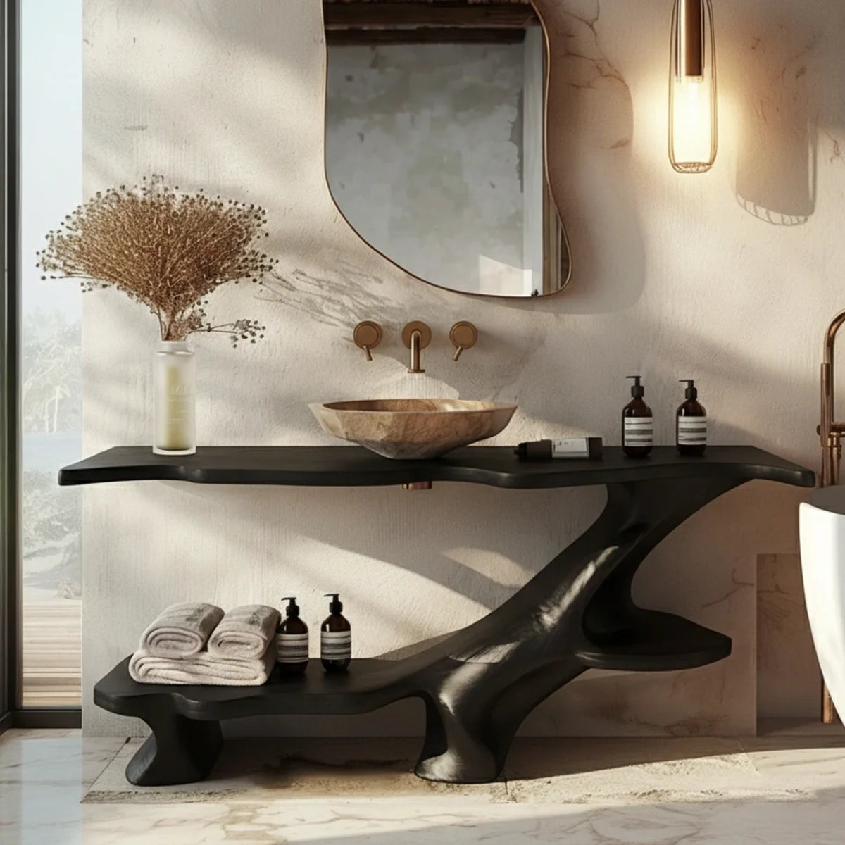 Organic Solid Wood Bathroom Vanity With Sculptural Base & Shelf - Rustira