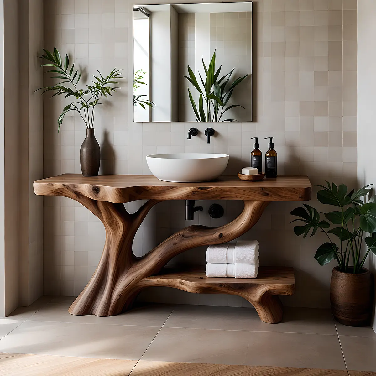 Organic Tree-Inspired Live Edge Solid Wood Bathroom Vanity - Rustira