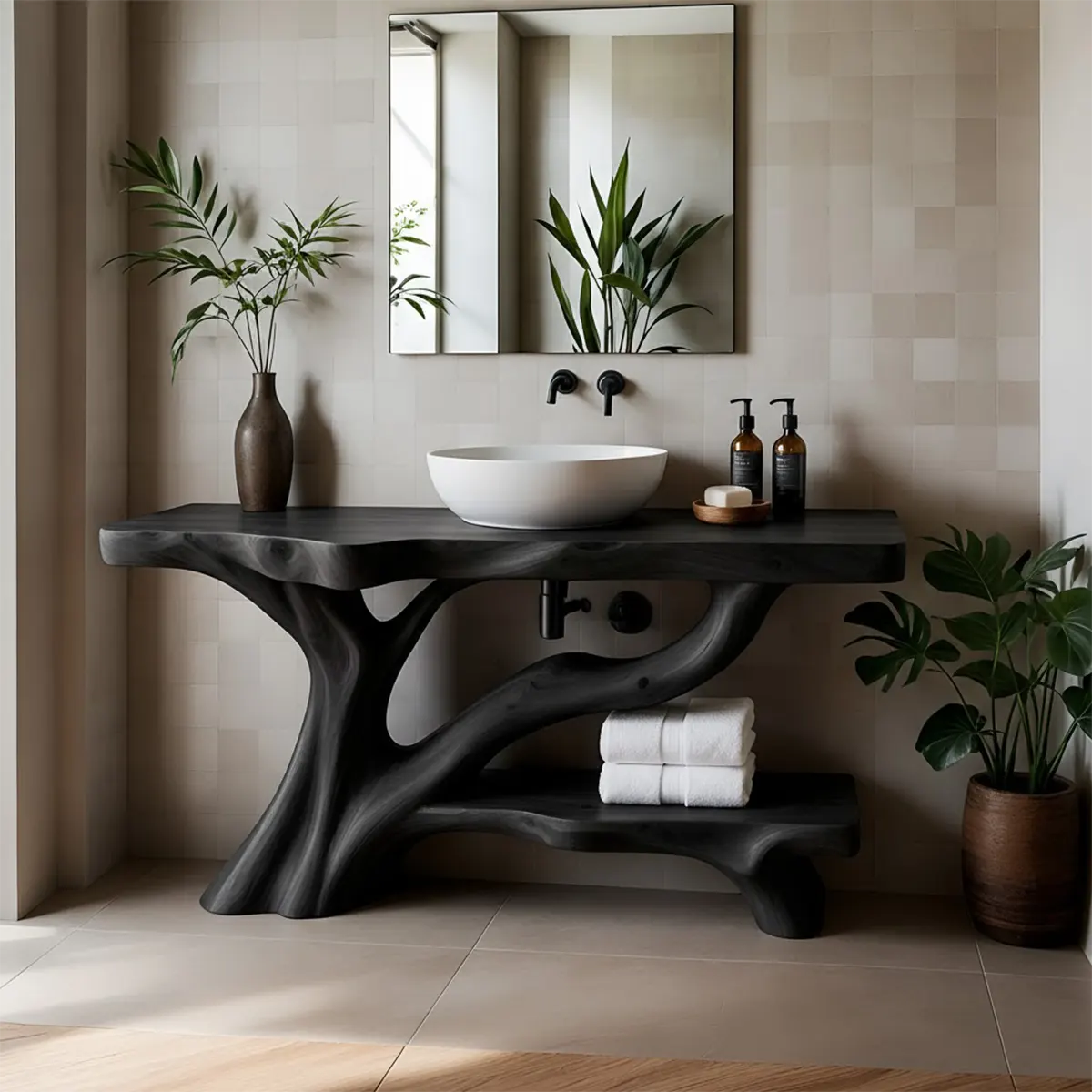 Organic Tree-Inspired Live Edge Solid Wood Bathroom Vanity - Rustira
