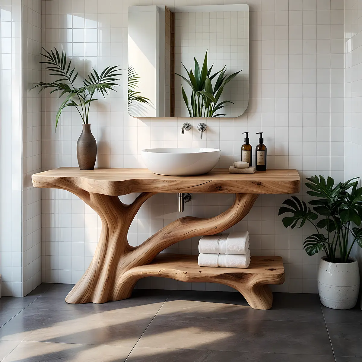 Organic Tree-Inspired Live Edge Solid Wood Bathroom Vanity - Rustira