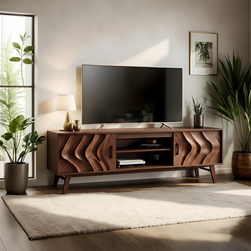 Organic Wave-Front Walnut TV Console - Mid-Century Sculpted Media Unit - Rustira