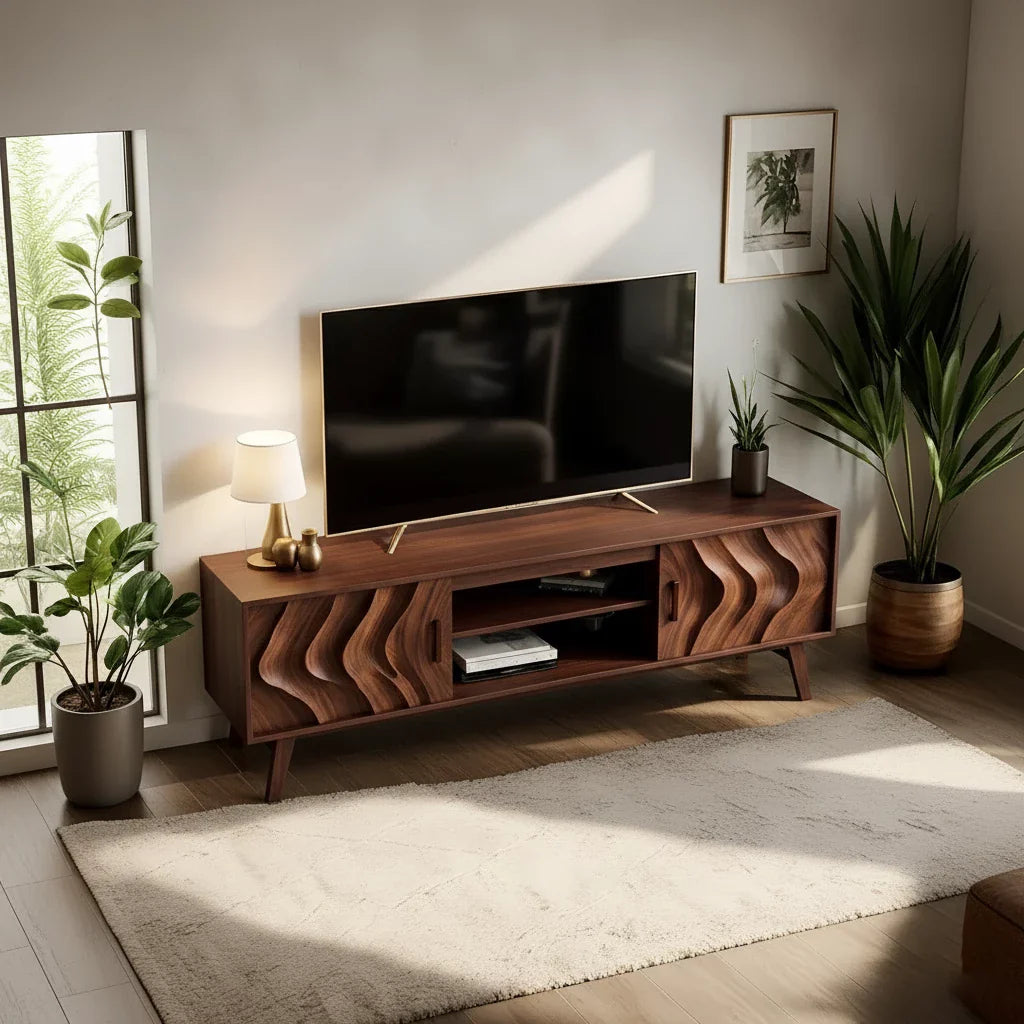 Organic Wave-Front Walnut TV Console - Mid-Century Sculpted Media Unit - Rustira