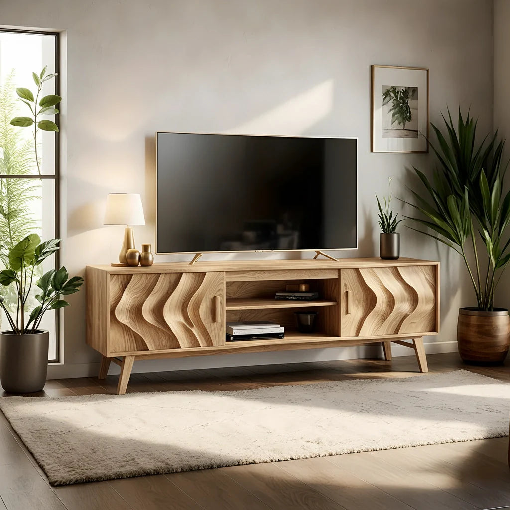 Organic Wave-Front Walnut TV Console - Mid-Century Sculpted Media Unit - Rustira