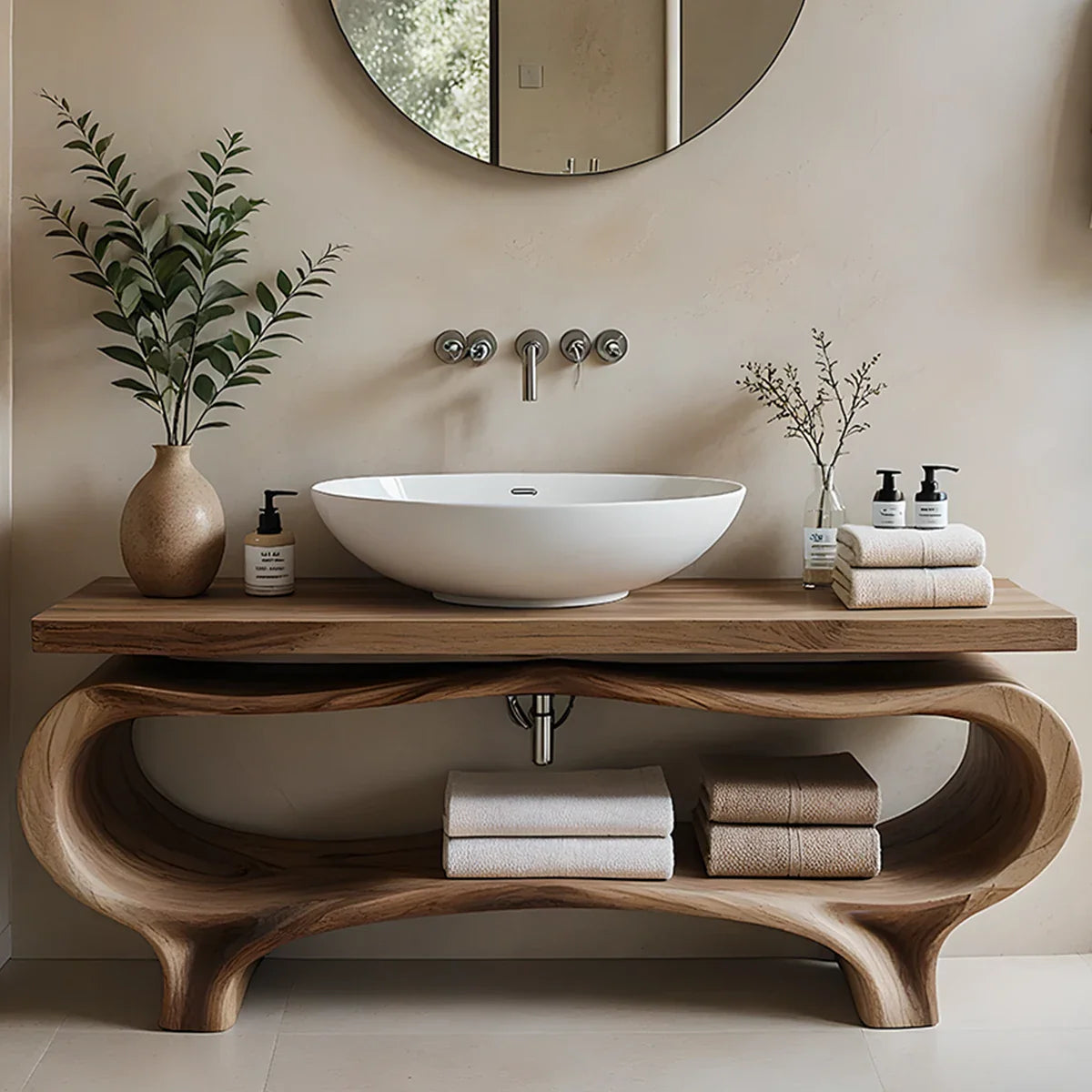 Organic Wave Solid Wood Vanity – Sculpted Open Shelf Spa Console - Rustira
