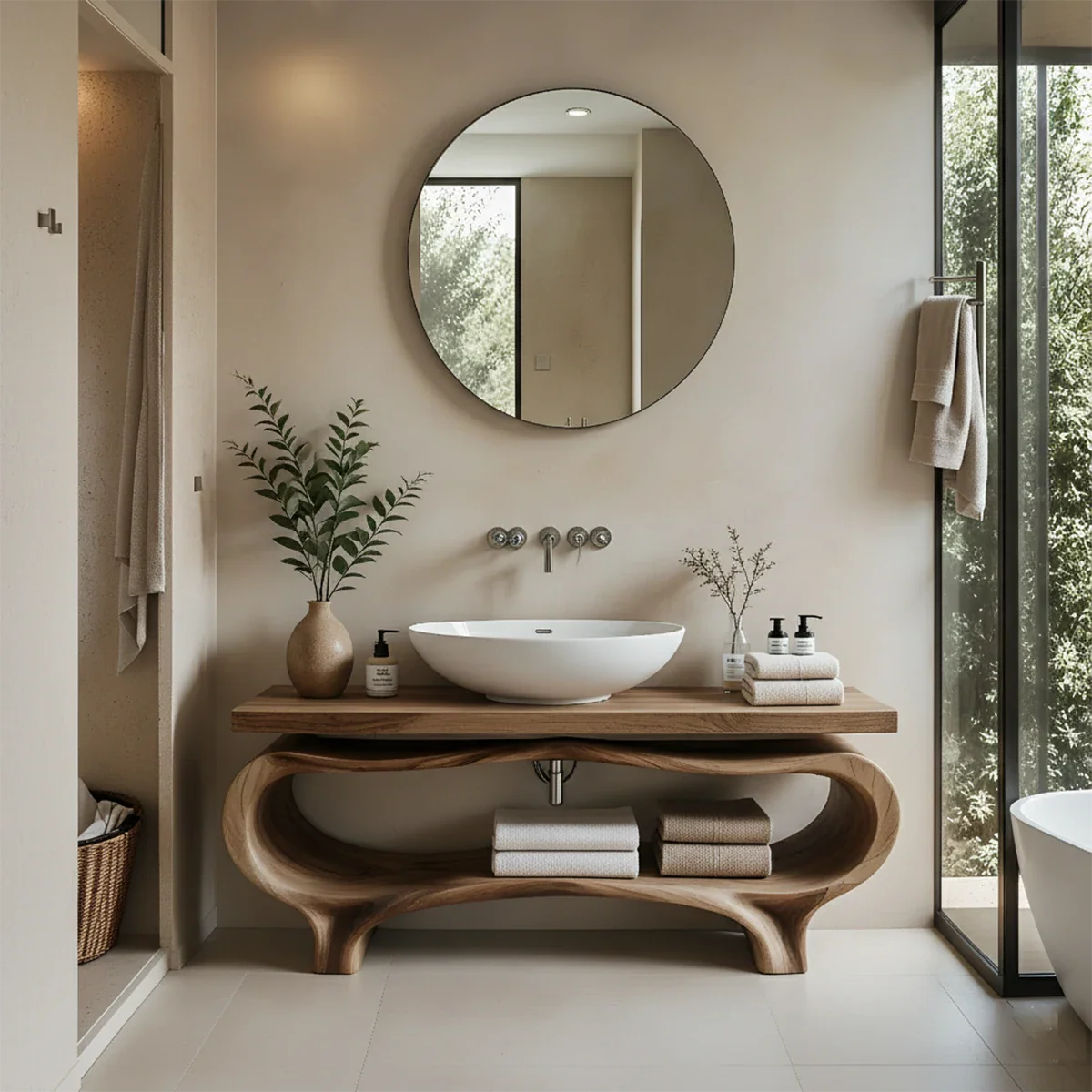 Organic Wave Solid Wood Vanity – Sculpted Open Shelf Spa Console - Rustira