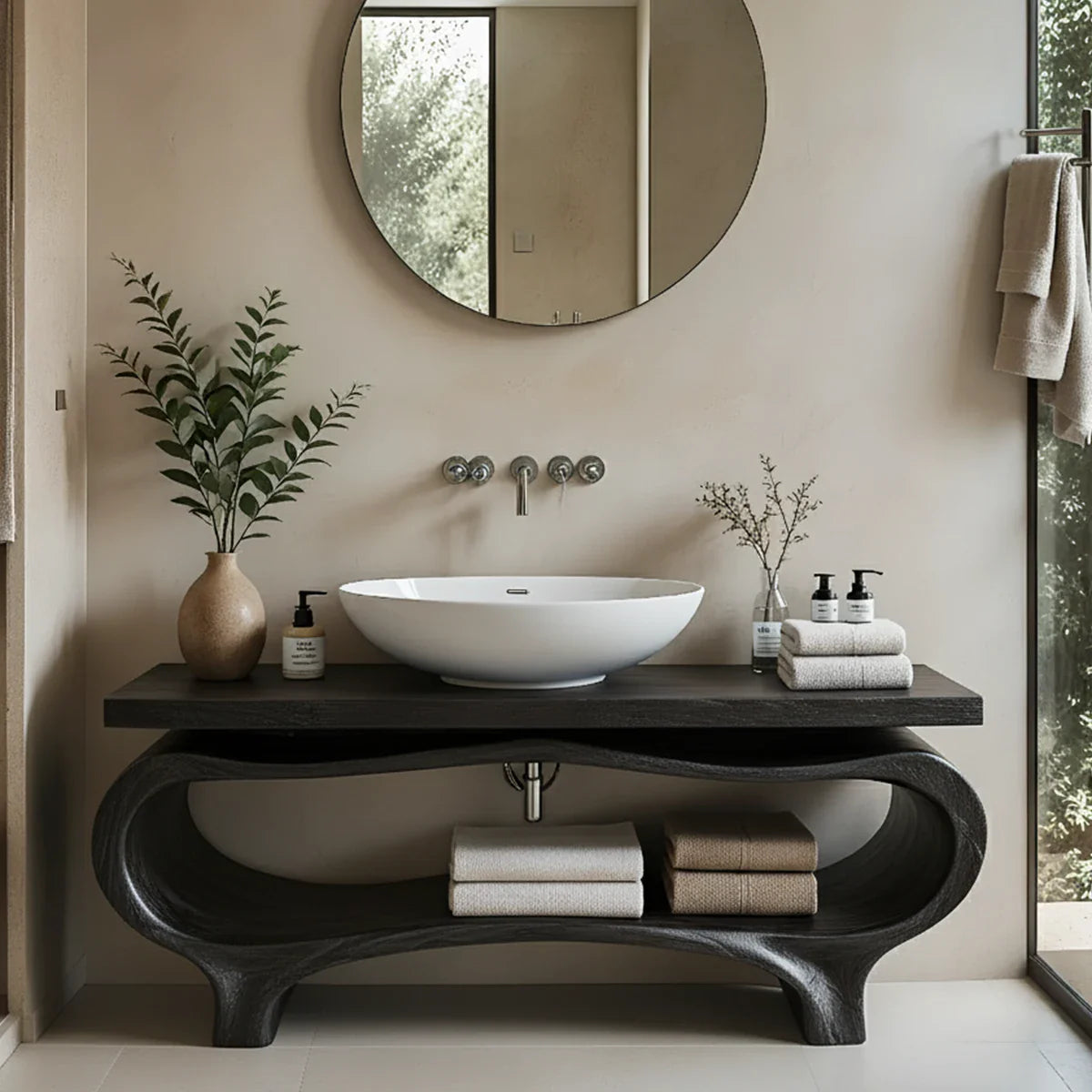 Organic Wave Solid Wood Vanity – Sculpted Open Shelf Spa Console - Rustira