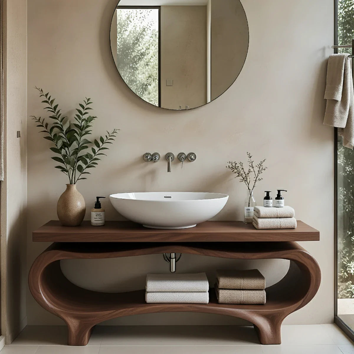 Organic Wave Solid Wood Vanity – Sculpted Open Shelf Spa Console - Rustira