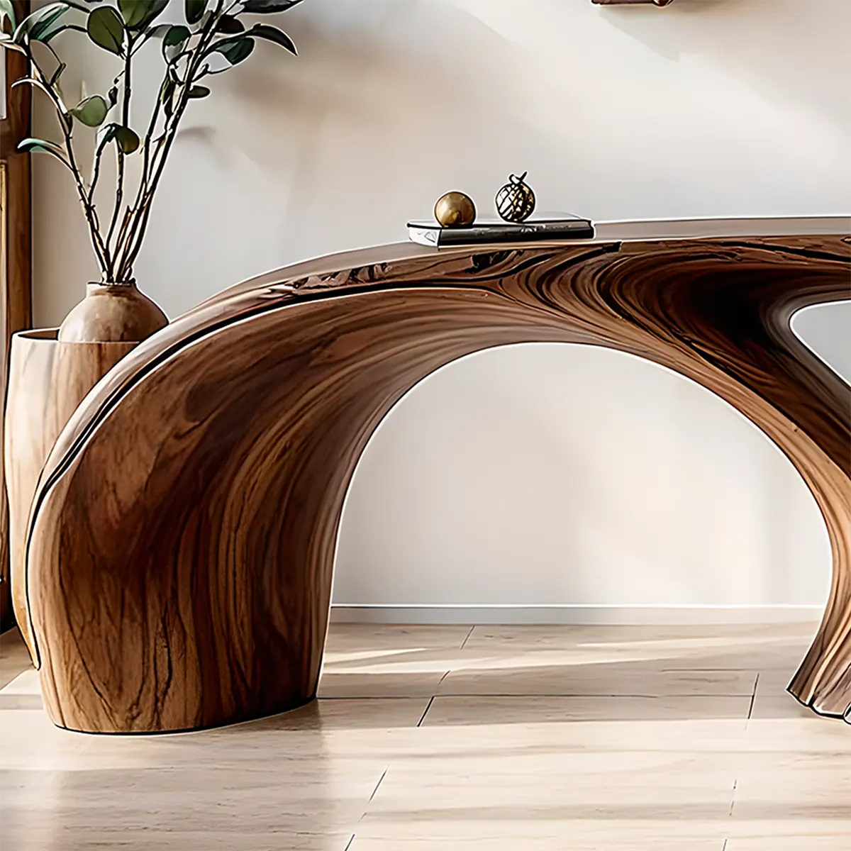 Organic Wave Walnut Console Table – Handcrafted Wood Art - Rustira