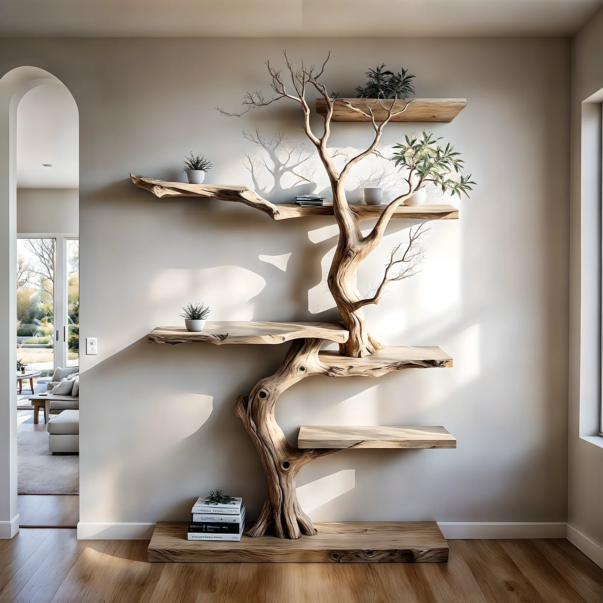 Perennial wooden BOOKSHELVES, tree-shaped bookshelves, floating shelves, decorative shelves