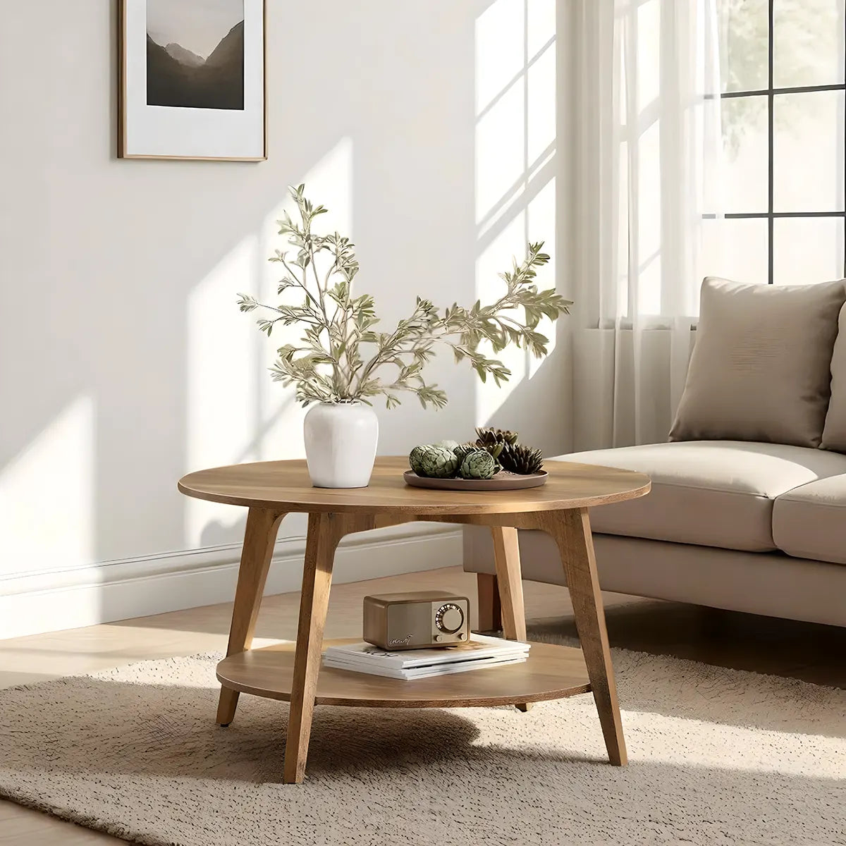 Round Wooden Coffee Table — Minimalist Design, 2 Convenient Tiers