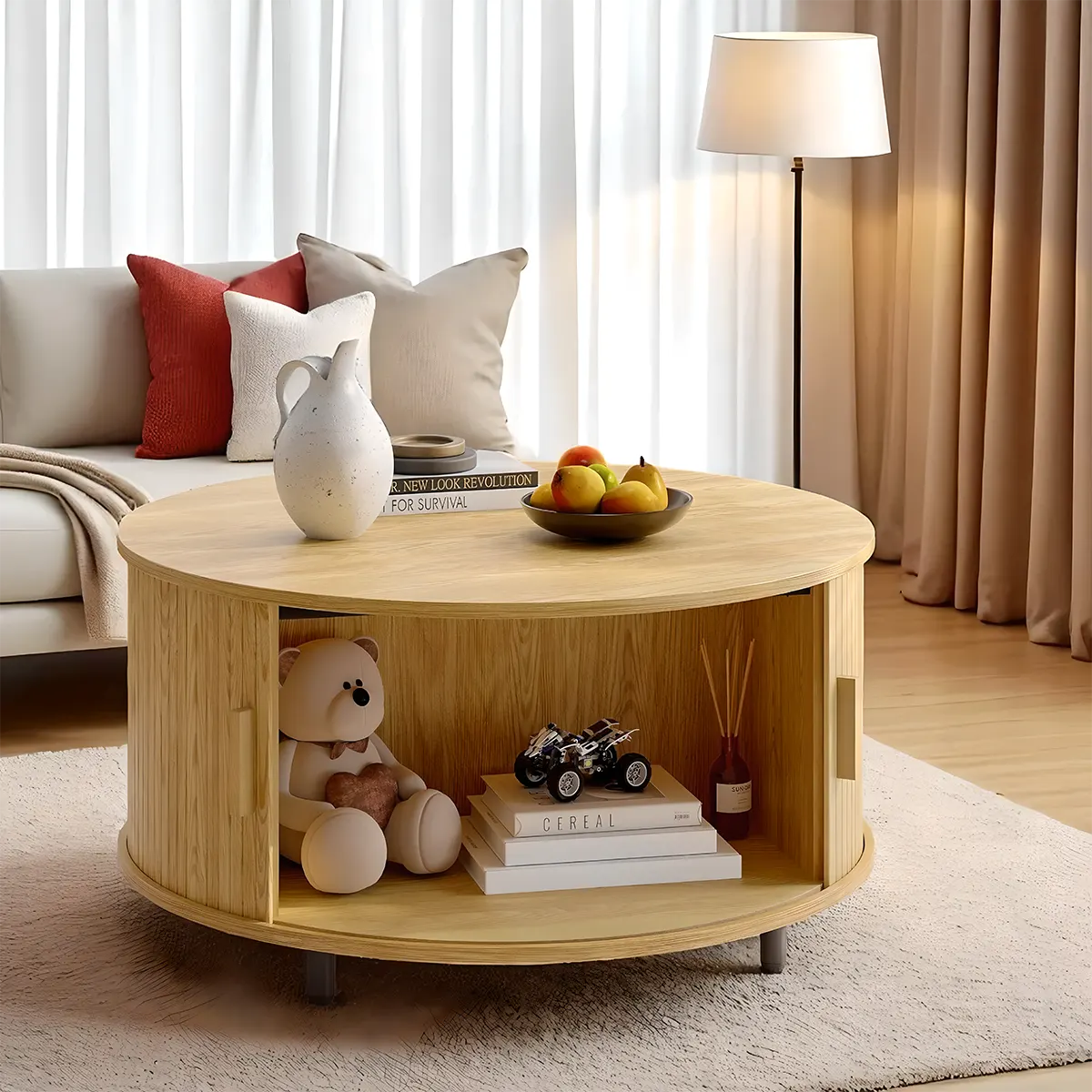 Round Wooden Coffee Table With Drawers, Minimalist and Functional Scandi