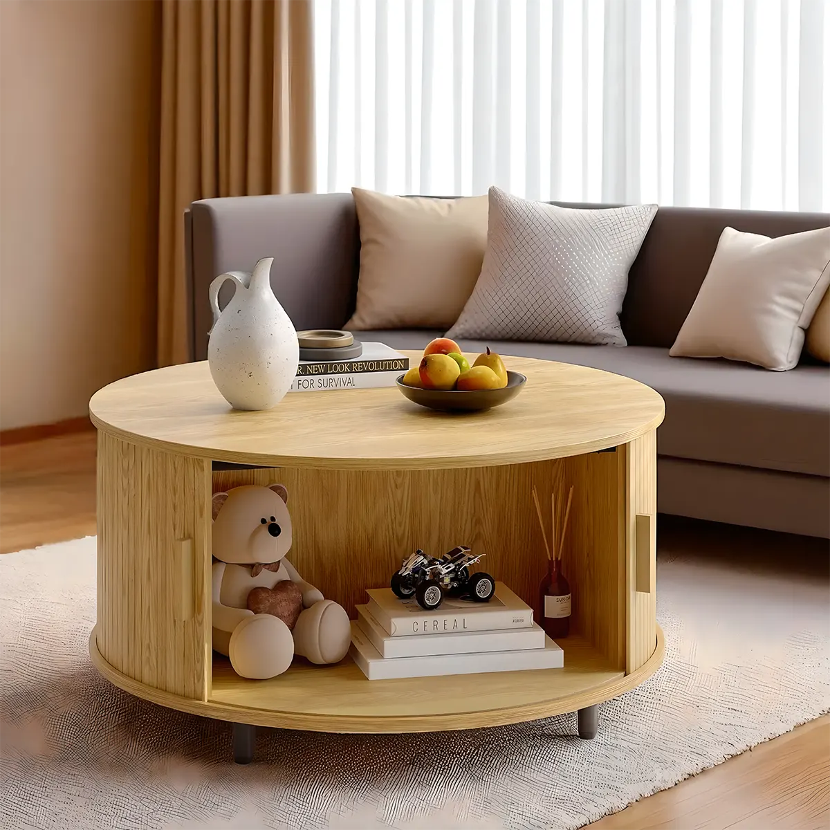 Round Wooden Coffee Table With Drawers, Minimalist and Functional Scandi