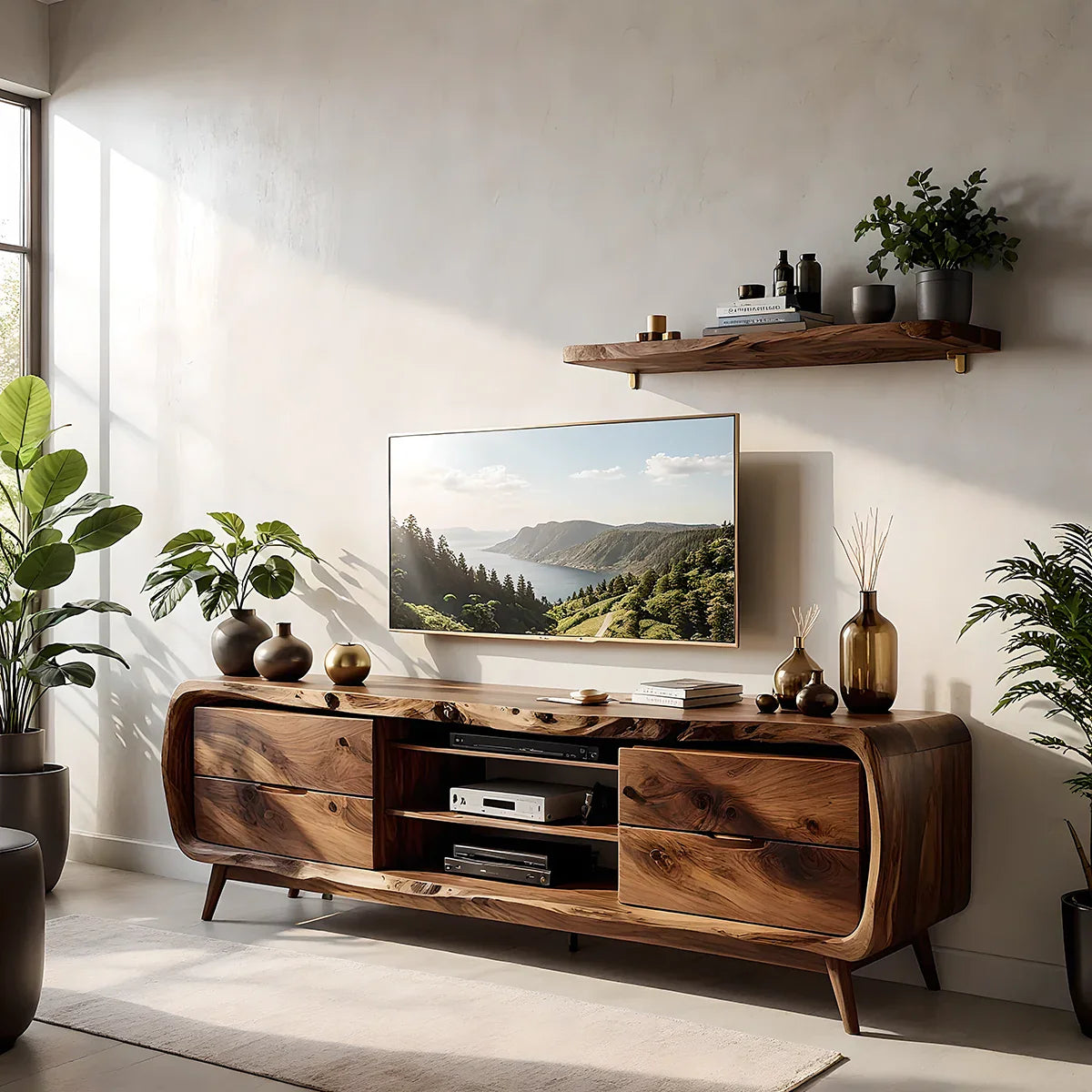 Rounded Edge Solid Wood TV Stand - Organic Modern Media Console - Rustira