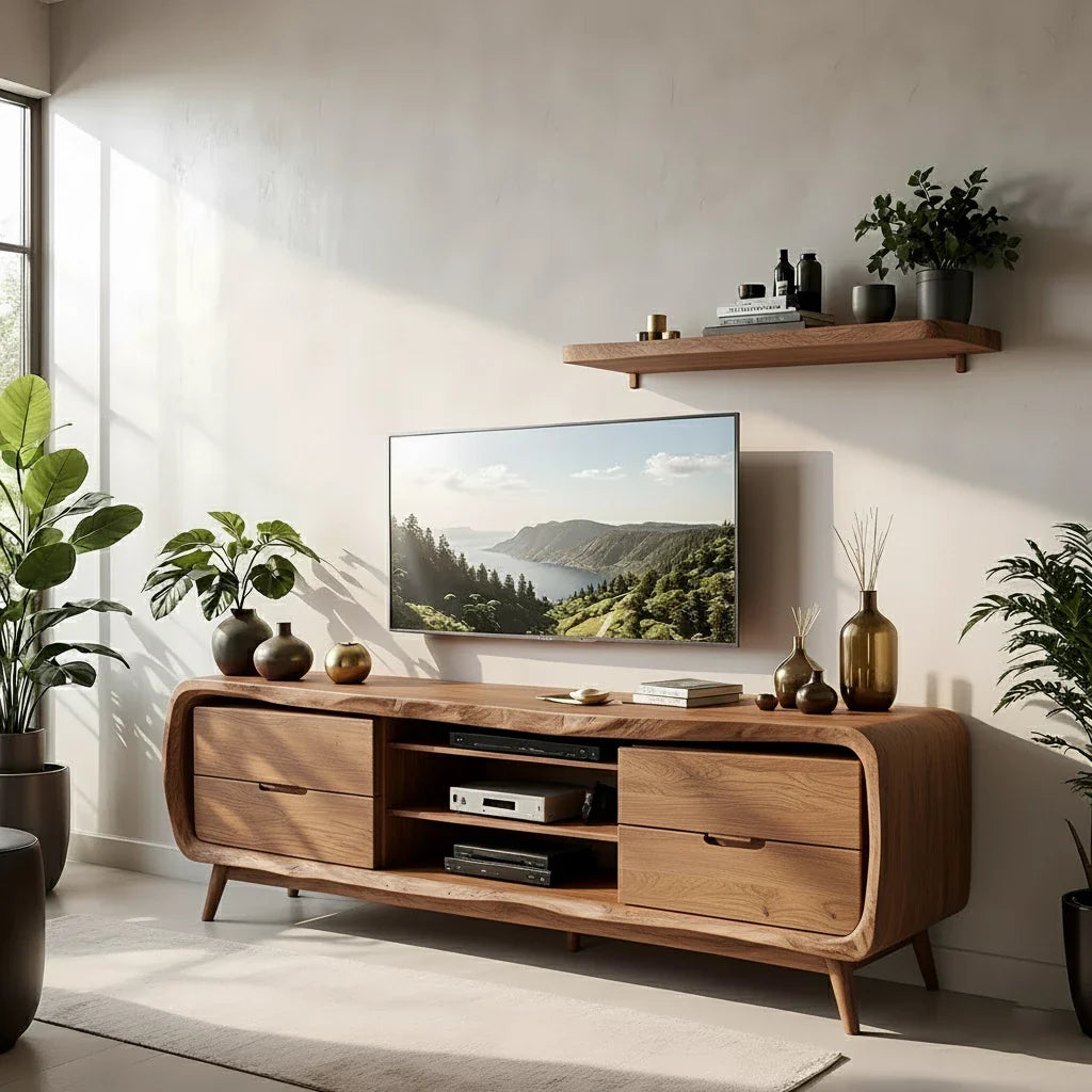 Rounded Edge Solid Wood TV Stand - Organic Modern Media Console - Rustira