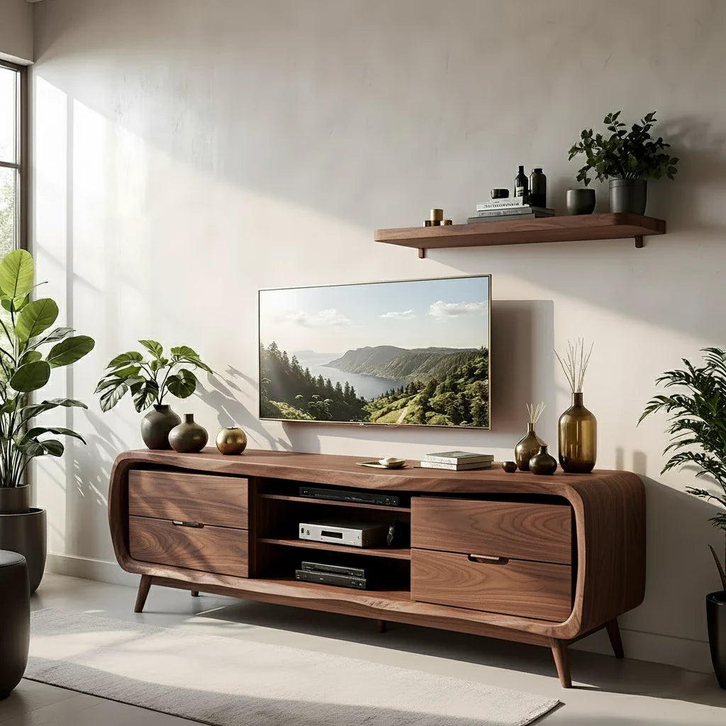 Rounded Edge Solid Wood TV Stand - Organic Modern Media Console - Rustira